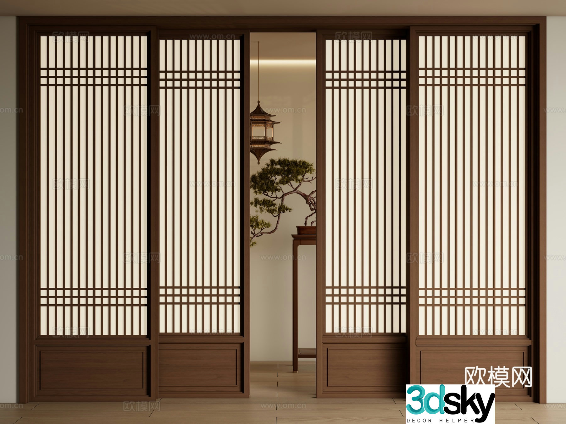 New Chinese sliding door Multi-connected sliding door Grating door 3D model
