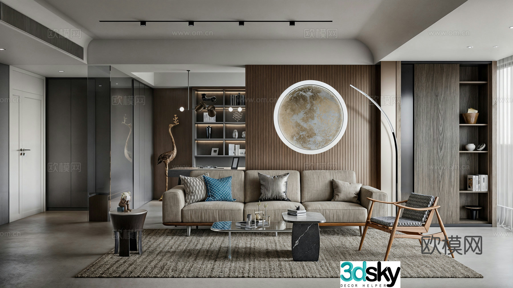 Living room and study integrated modern living room 3d model
