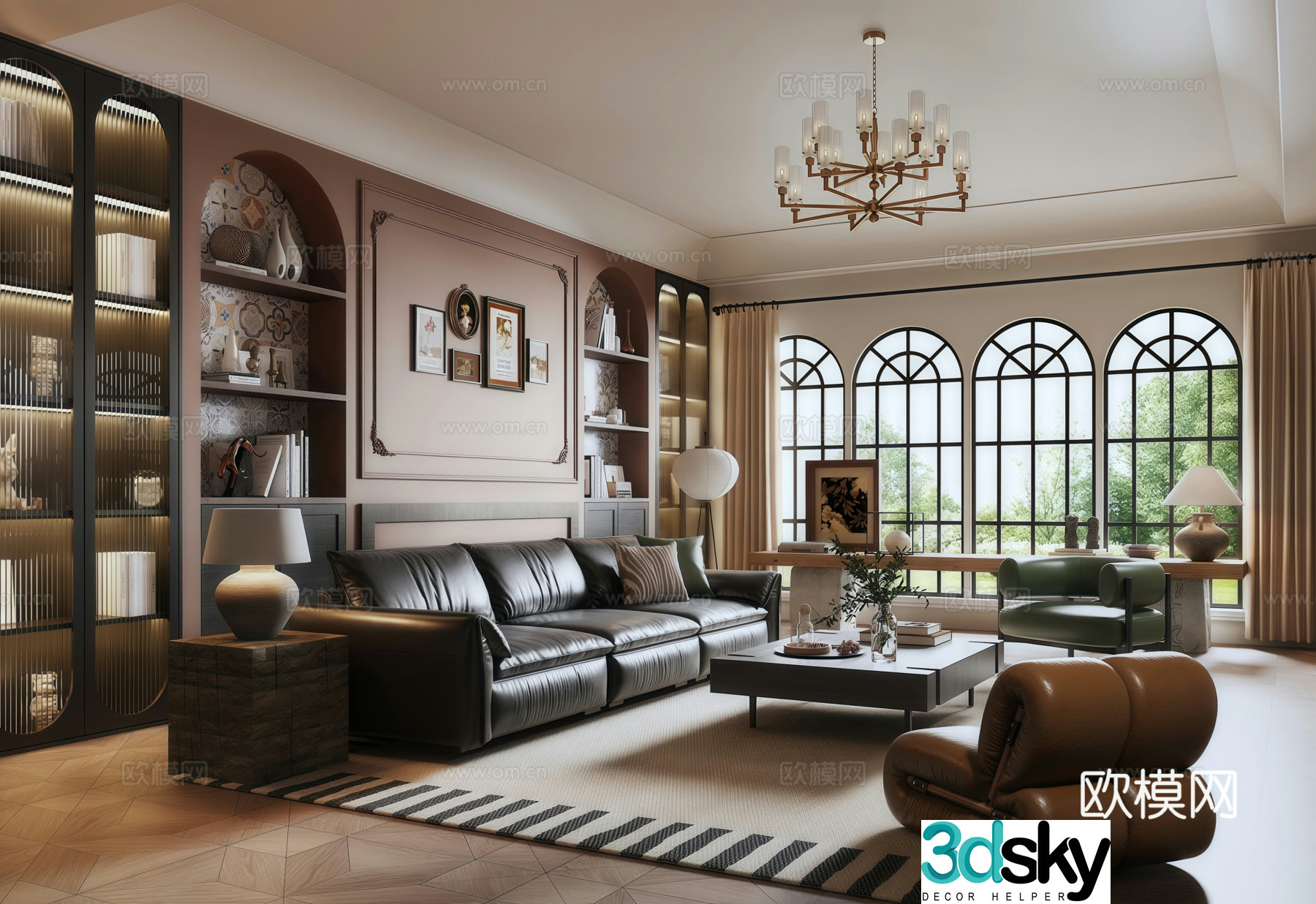 French medieval style living room French sofa background wall chandelier sofa coffee table combination desk lamp 3D model