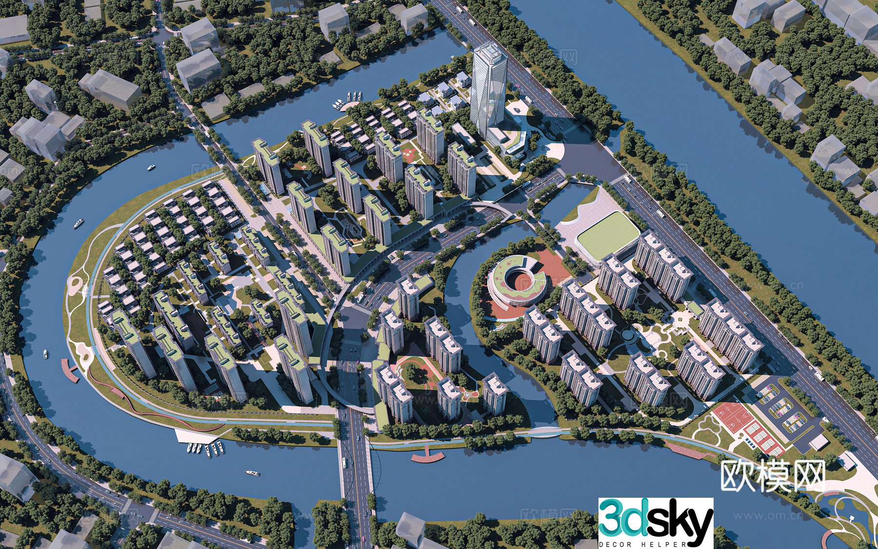 A bird’s eye view of modern residential buildings Modern urban planning Modern resettlement housing Residential commercial complex 3D model