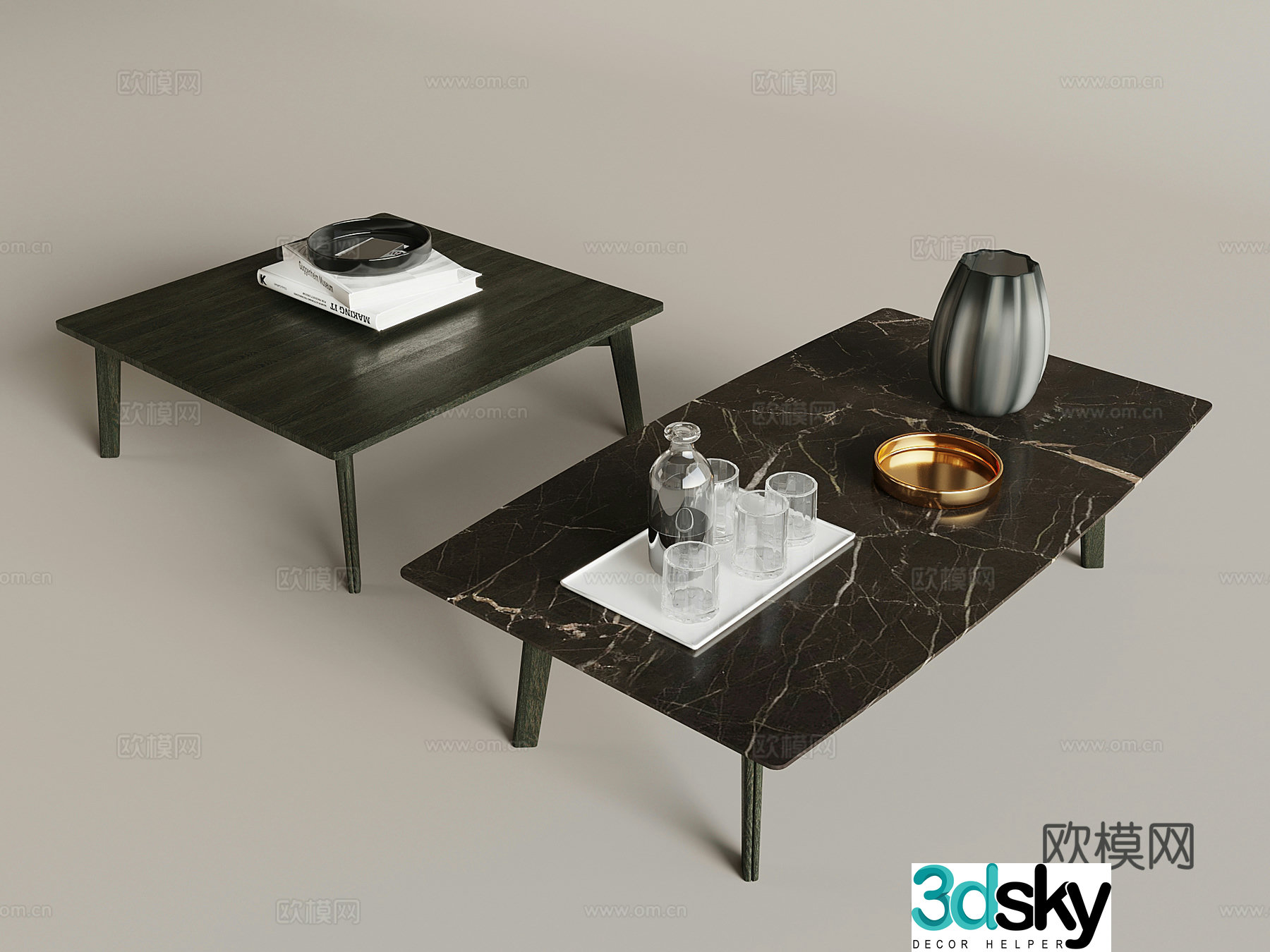 Solid wood square table coffee table marble coffee table 3D model