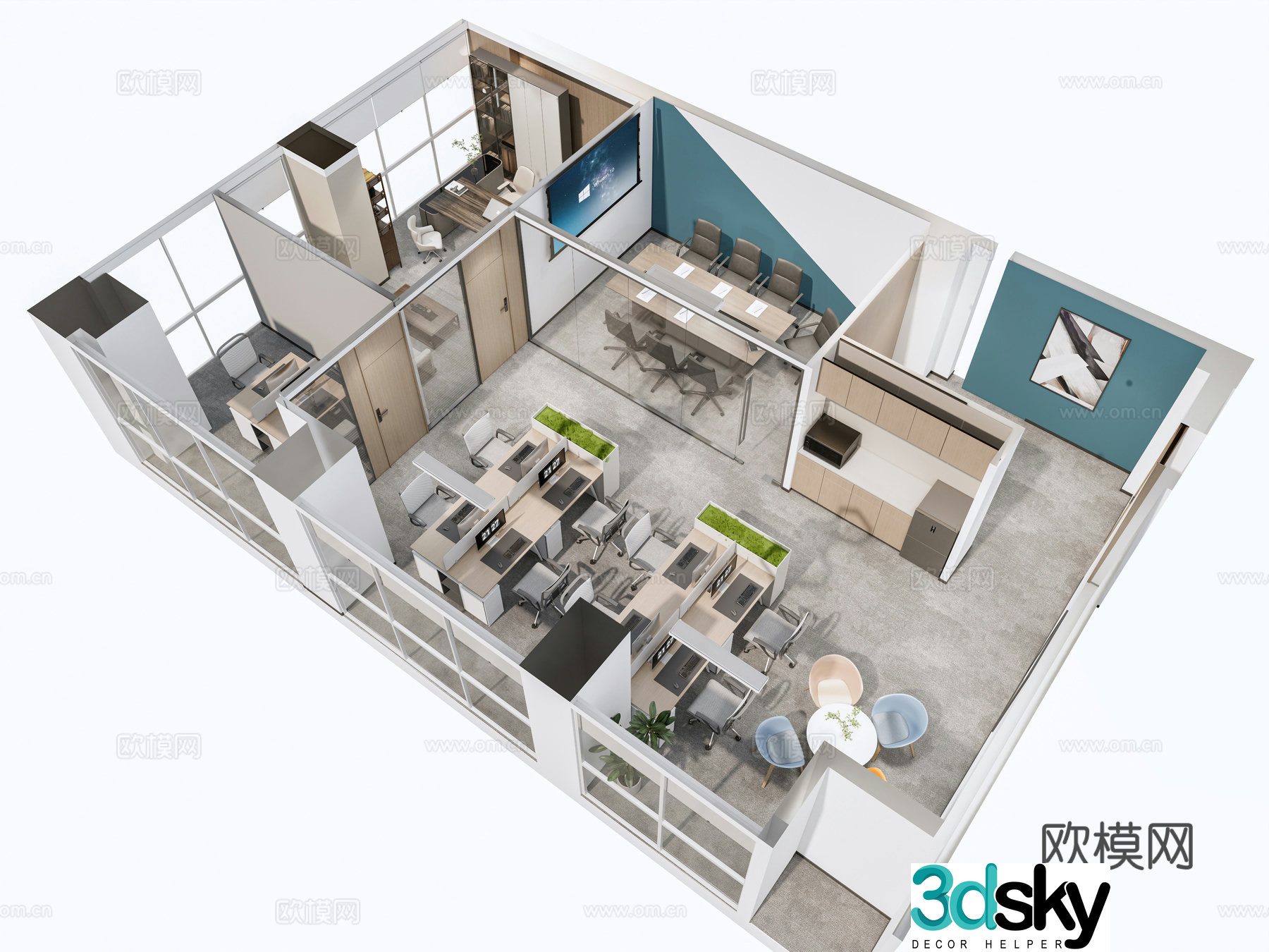 Modern office studio open office area manager office desk conference table 3d model