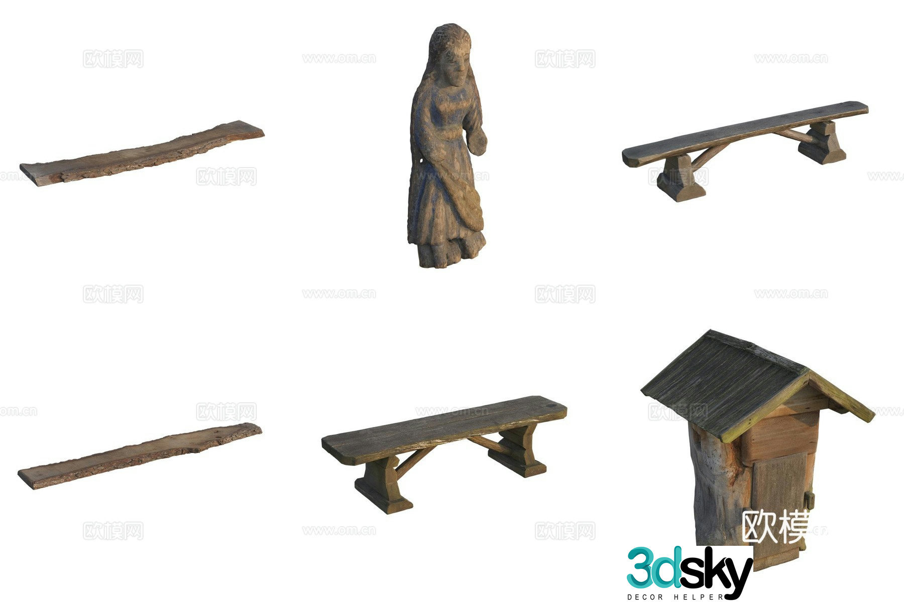 Wood plank wooden bench wood carving retro mailbox 3d model