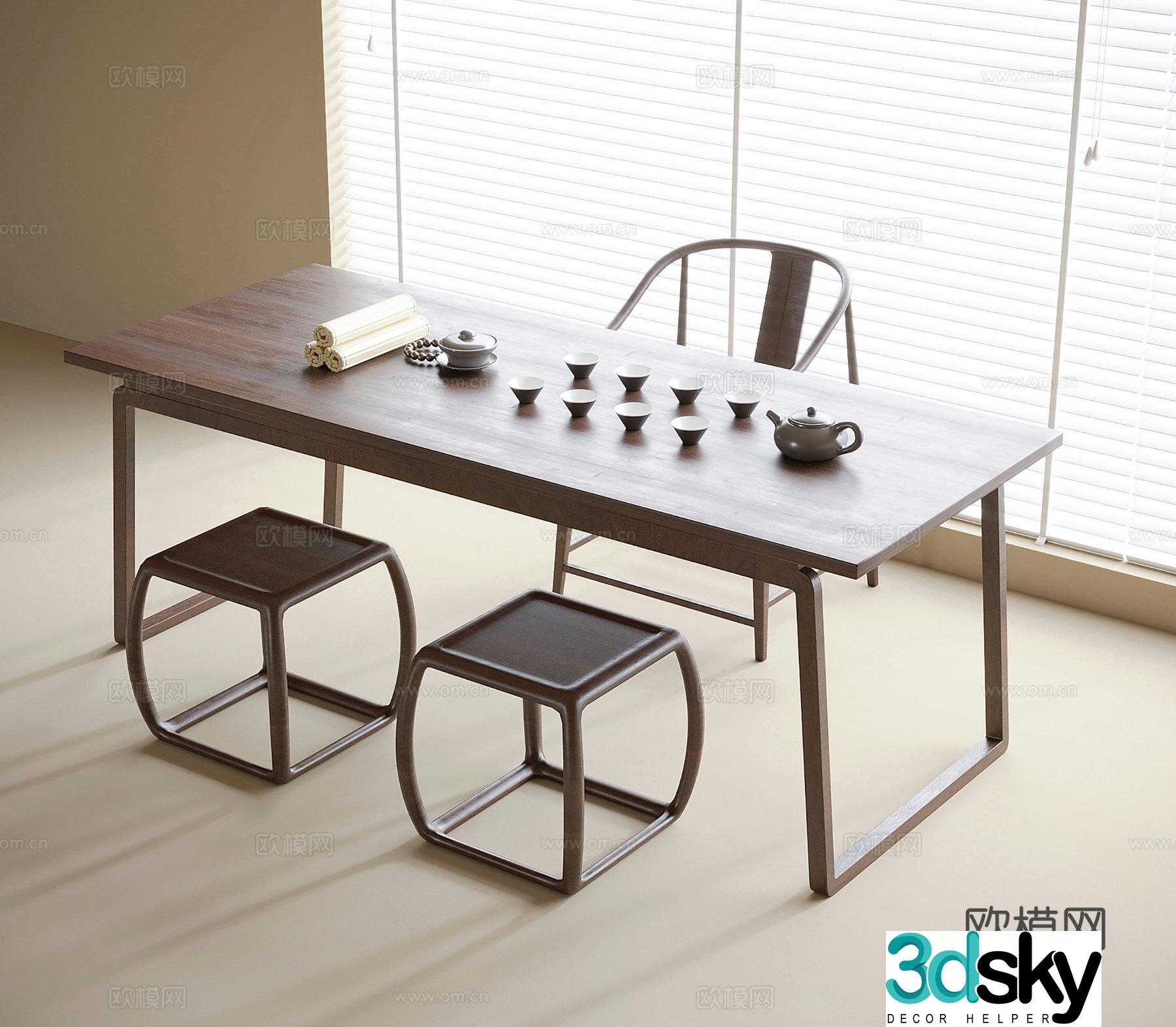 Modern tea table and chair combination tea table stool tea set ornaments 3D model
