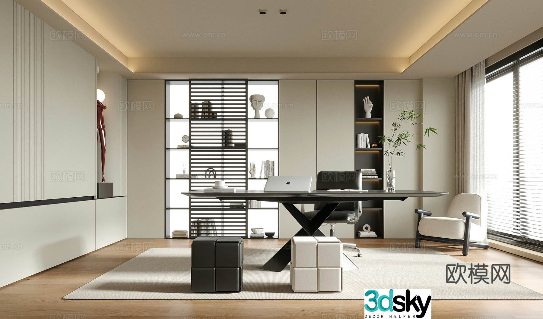 Modern study desk and chair bookcase 3d model