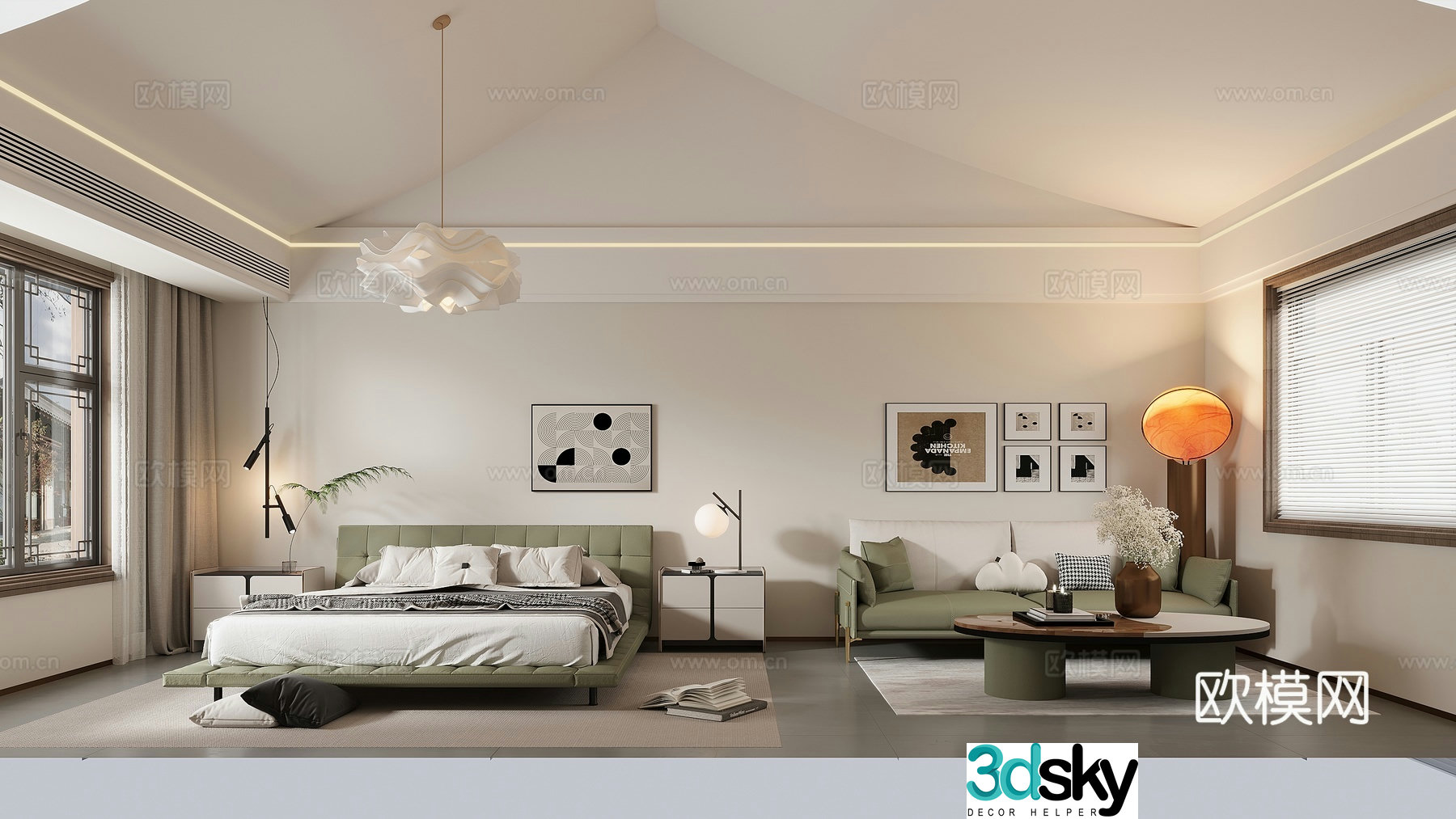 Modern B&B bedroom slanted roof bedroom 3d model