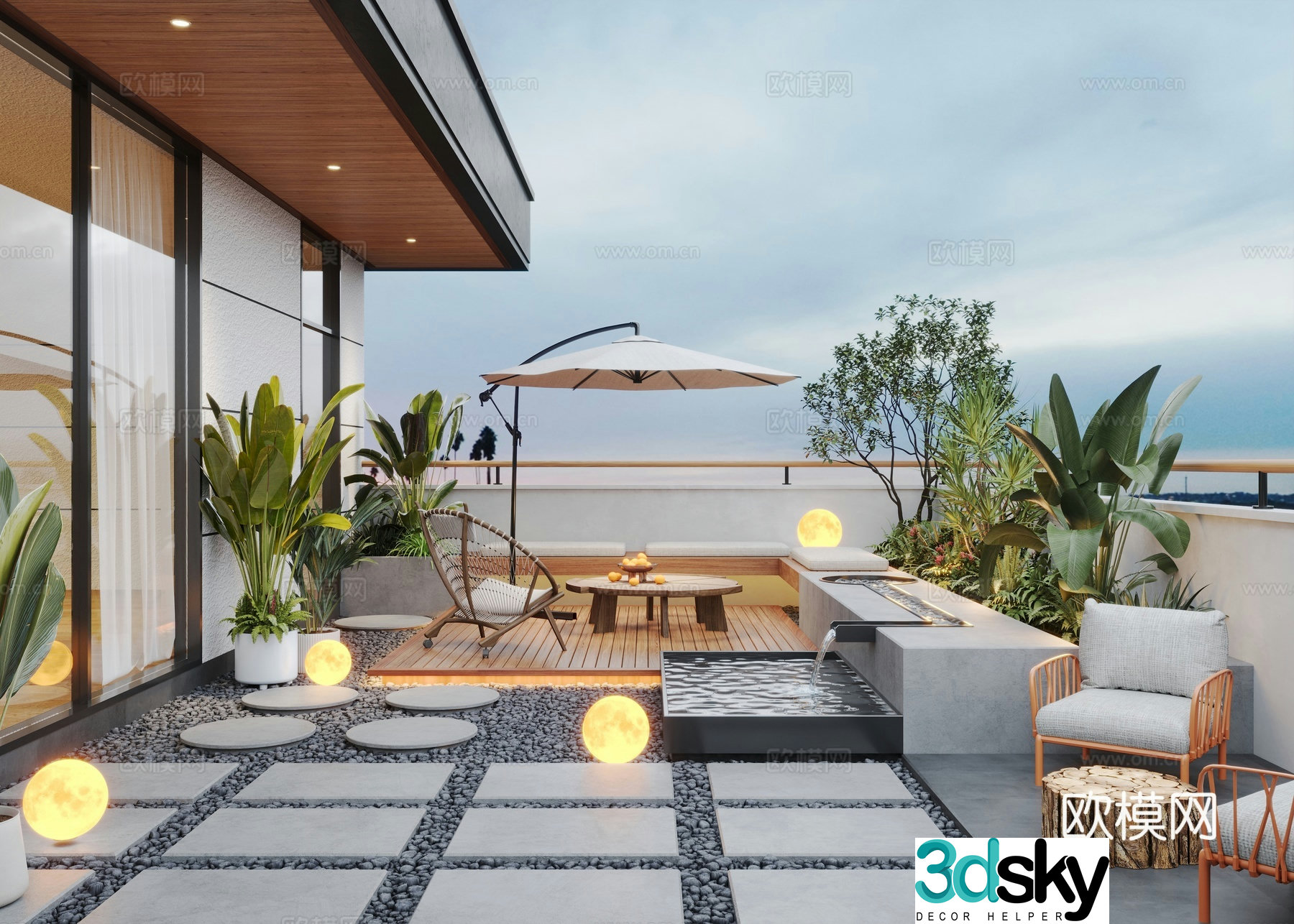 Modern roof garden garden courtyard outdoor sofa water view 3d model
