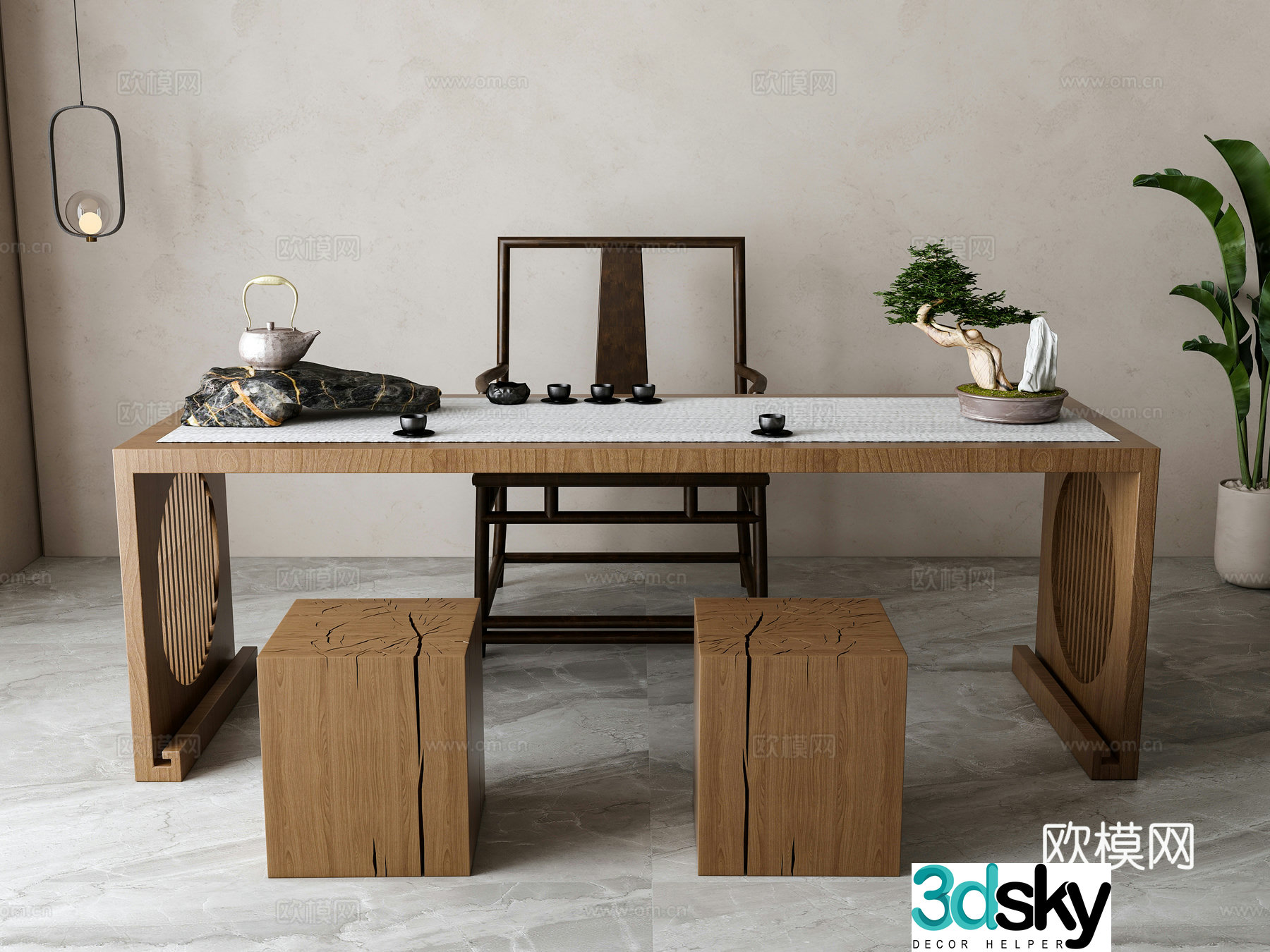 New Chinese-style tea table and chair combination 3D model
