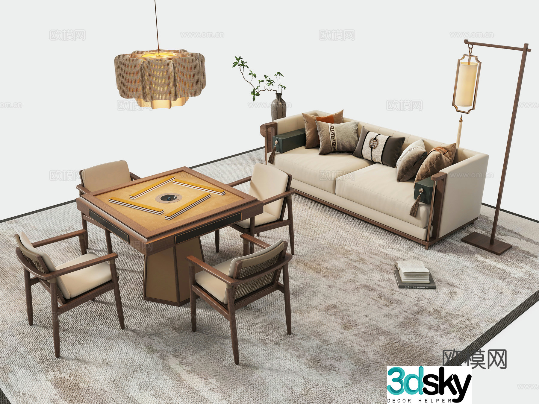 Zen new Chinese mahjong table and chair 3D model