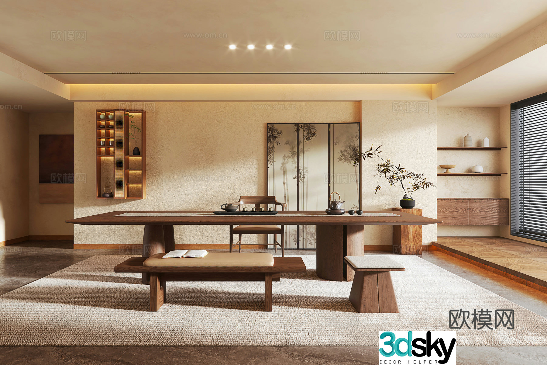 Modern medieval style tea room tea table chair stool tea set ornaments tea room wall cabinet screen 3d model