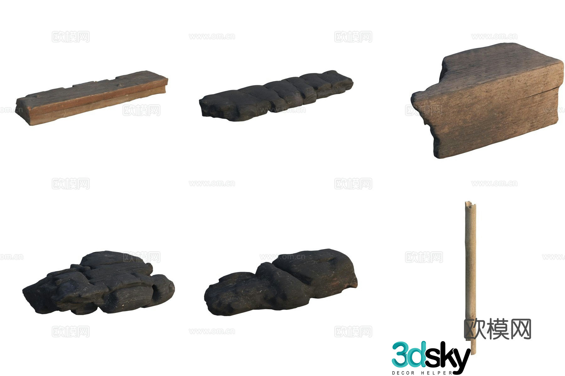 3d model of wood charcoal stick