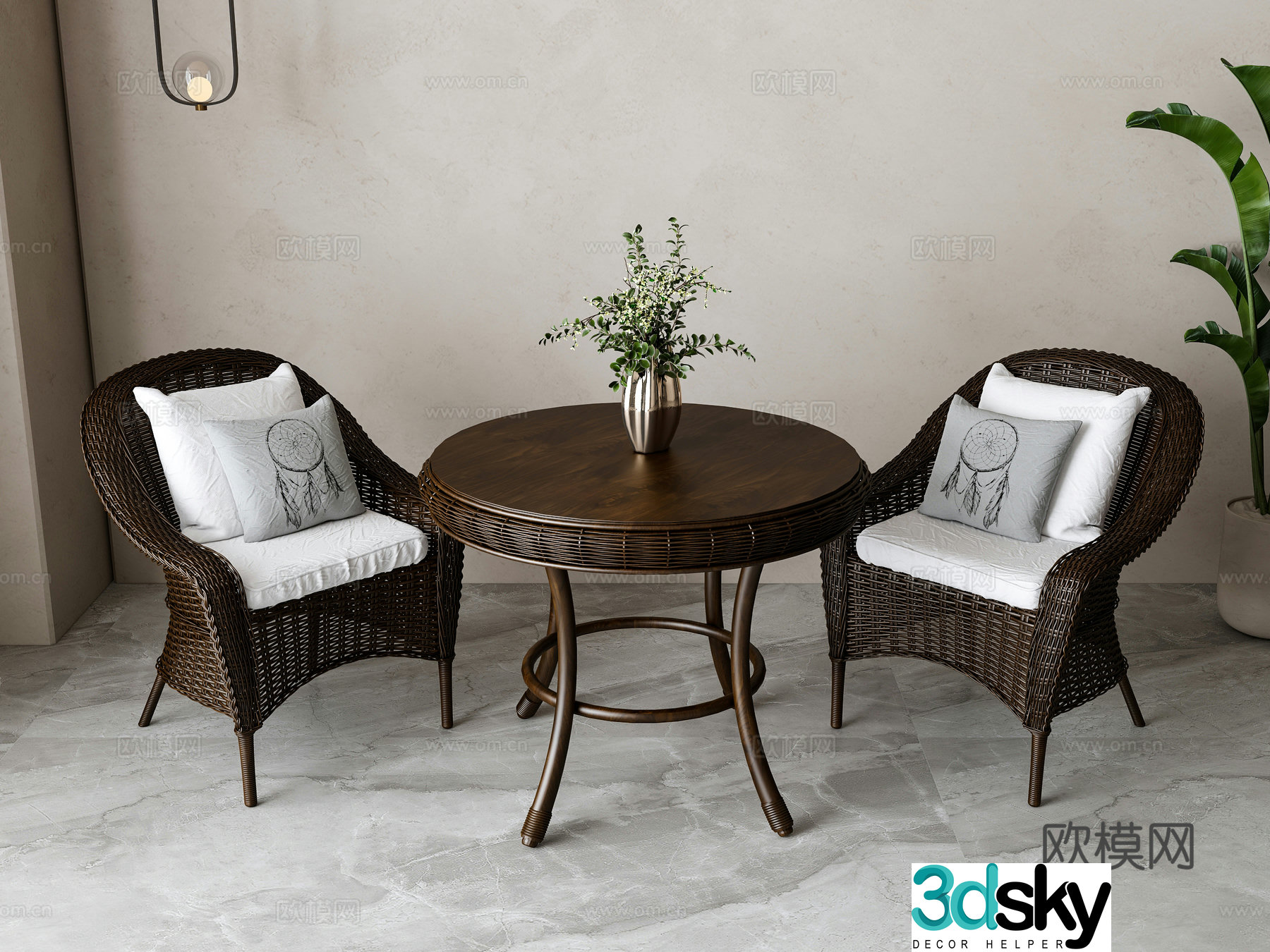 American rattan casual table and chair combination 3D model