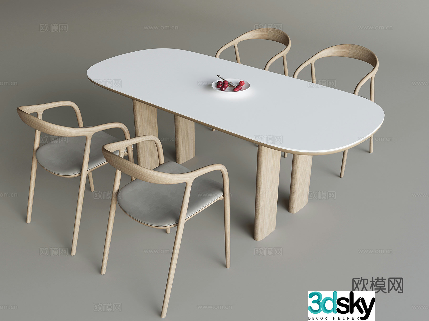 Creamy dining table and chair combination Solid wood dining table and chair armchair 3D model
