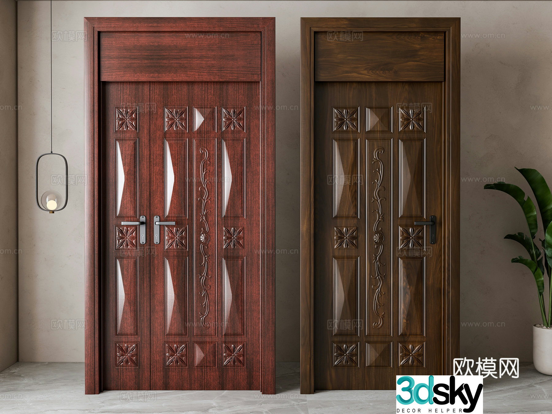 American solid wood mother and child door combination 3D model
