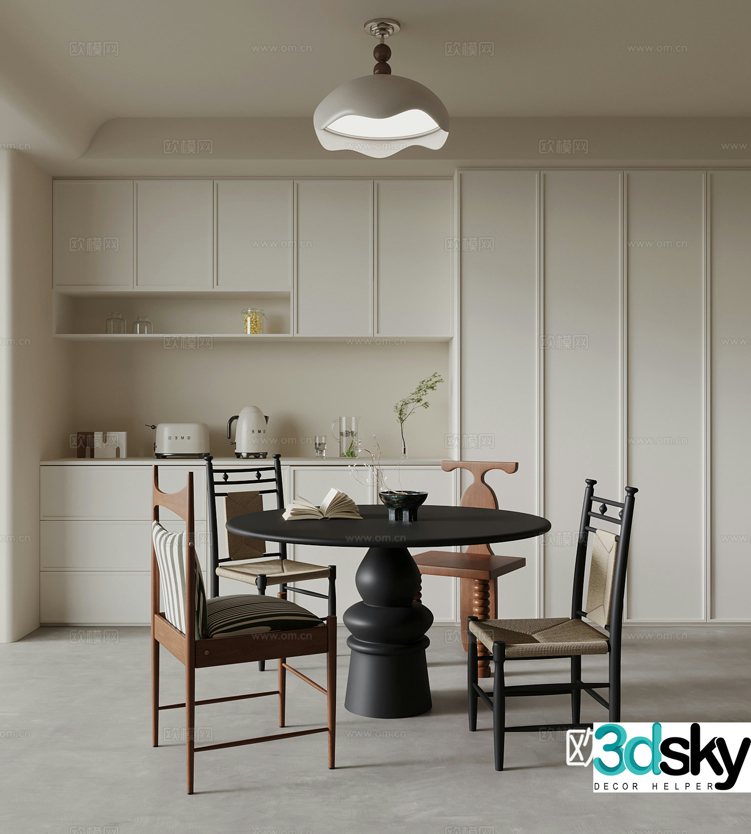 Middle-aged restaurant dining table and chairs wine cabinet 3d model