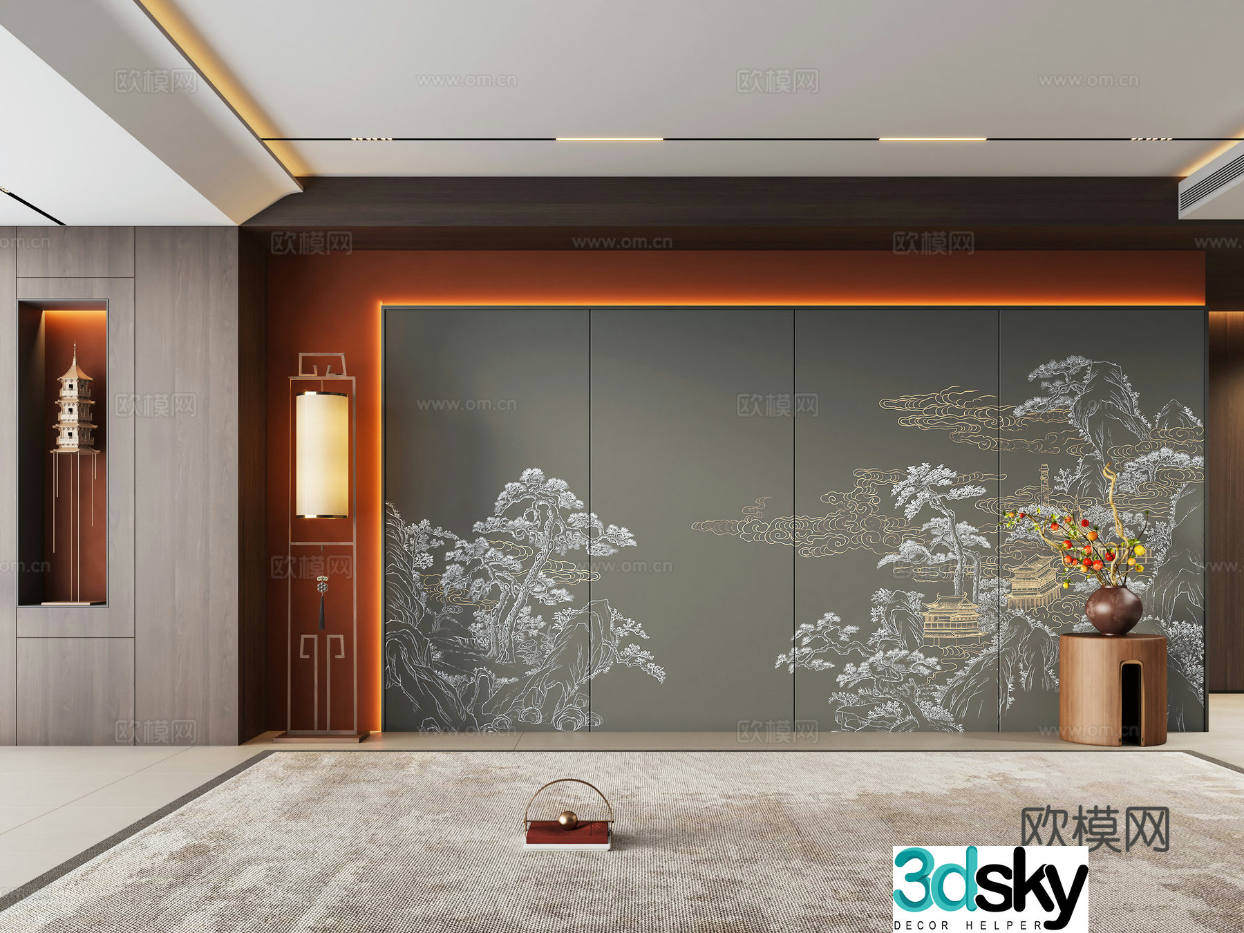 Zen new Chinese style living room sofa background wall 3d model