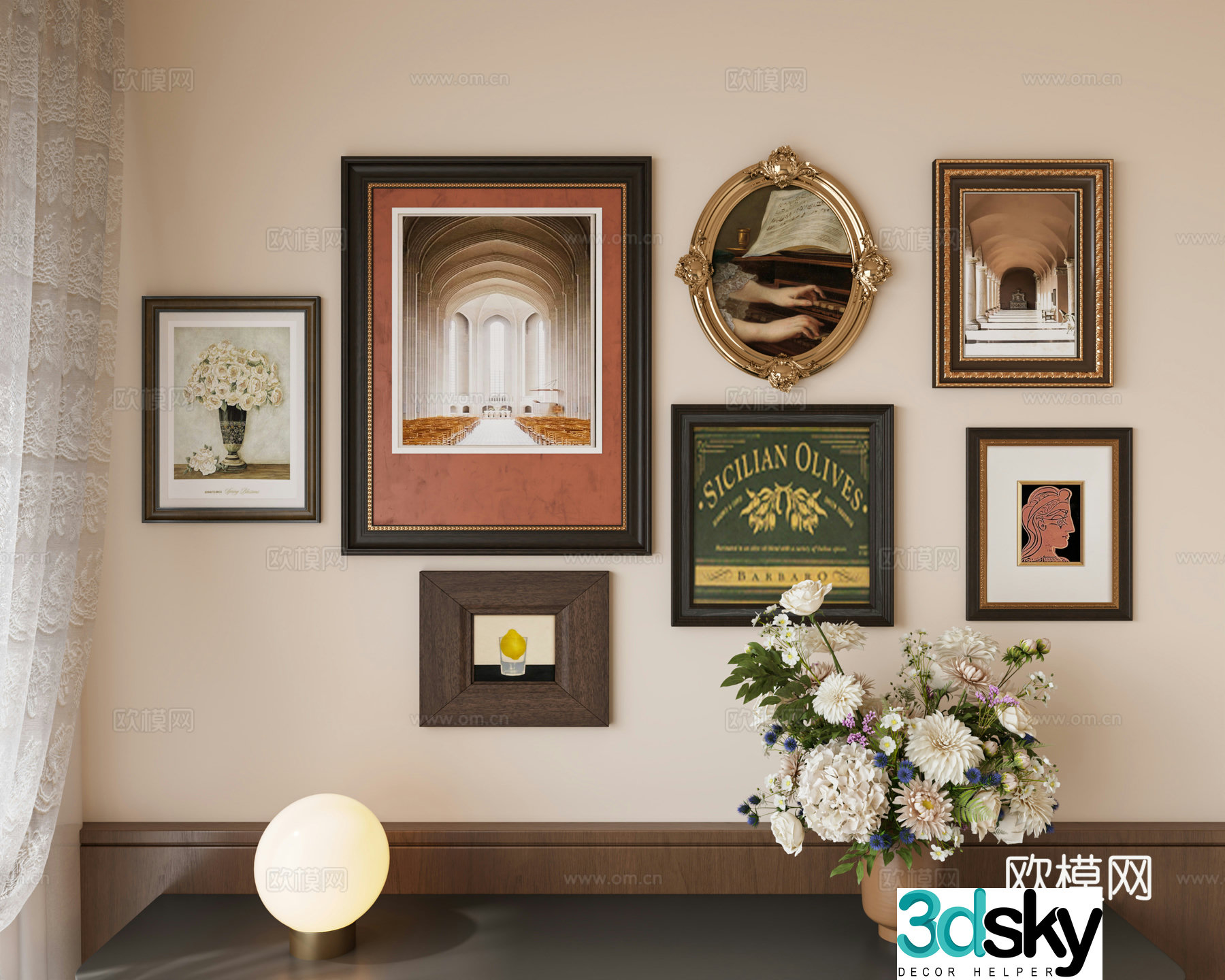 Modern medieval style decorative paintings retro ornaments combinations French decorative paintings gauze curtains vases 3D models