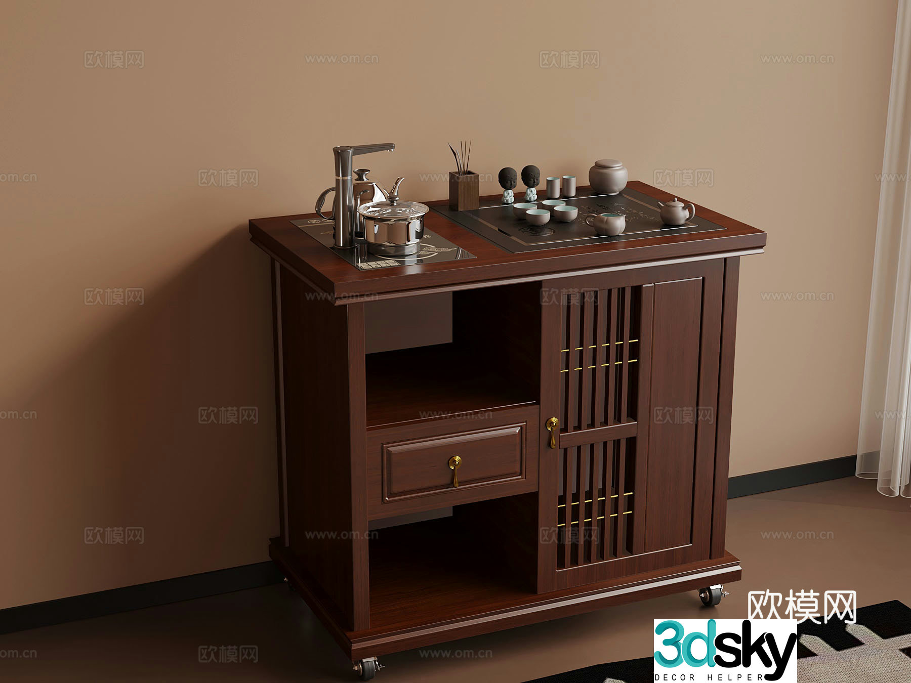 New Chinese style tea cabinet teapot tea set 3D model