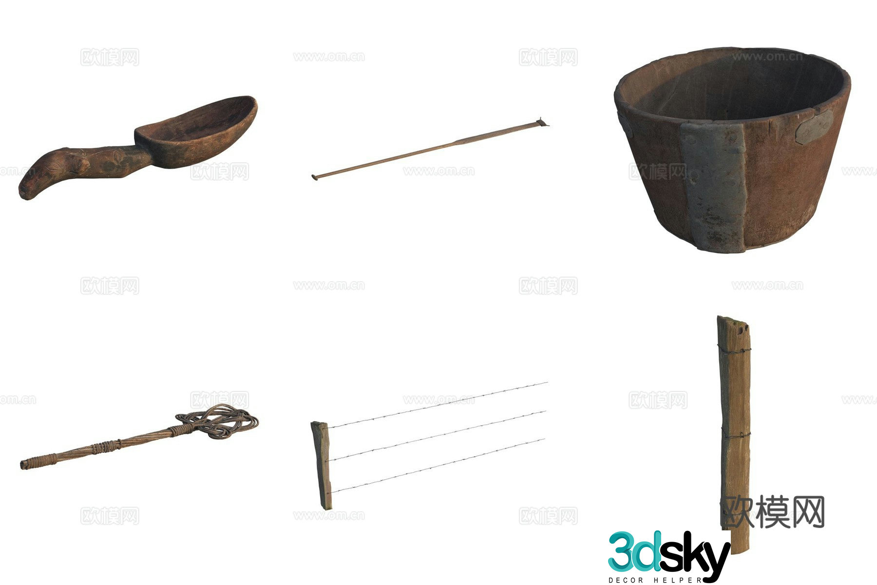 Wood water scoop wooden tub iron wire fence 3d model