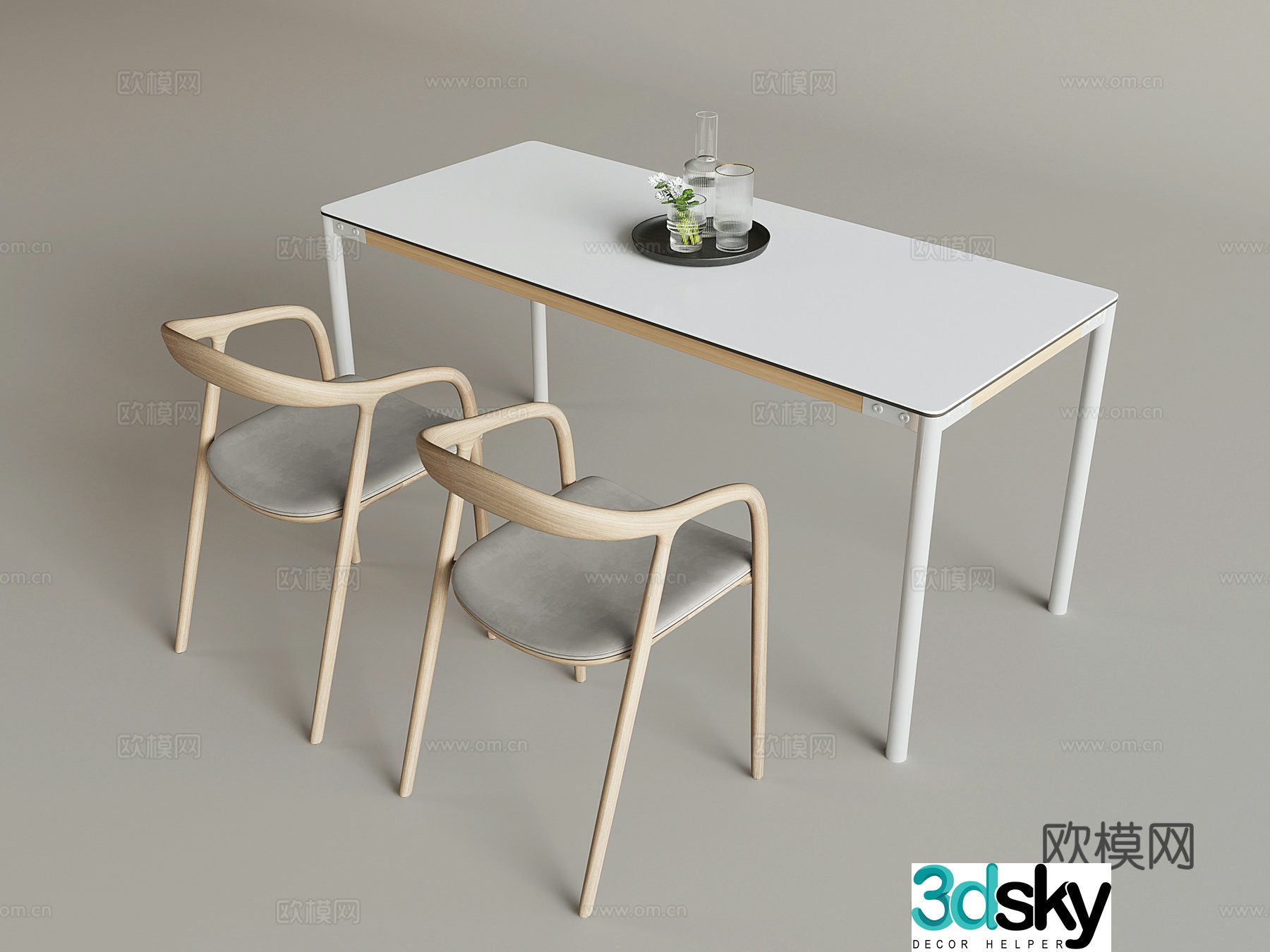 Nordic cream style dining table and chair solid wood backrest armchair 3d model