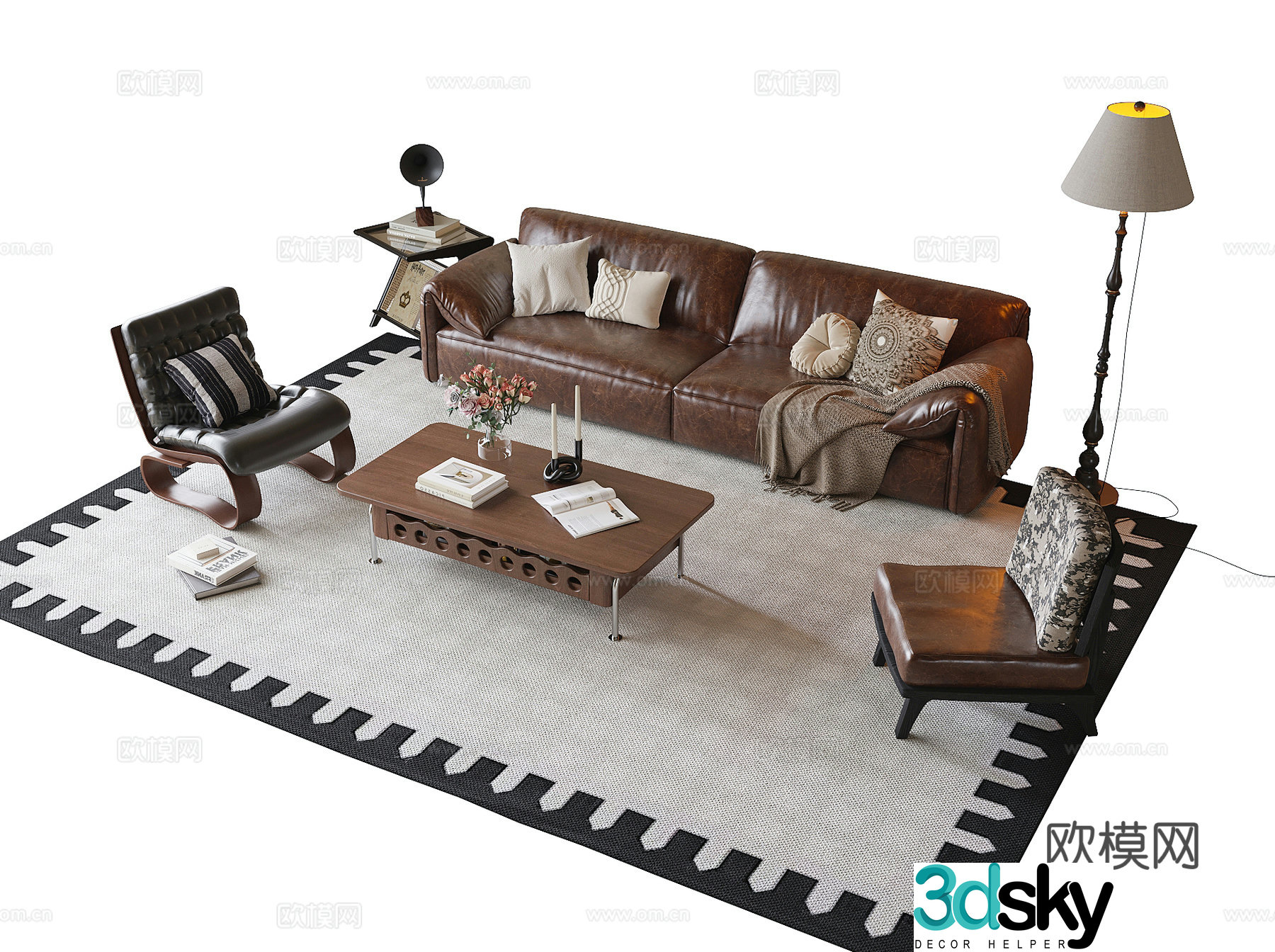 French sofa coffee table combination coffee table single sofa carpet floor lamp 3d model