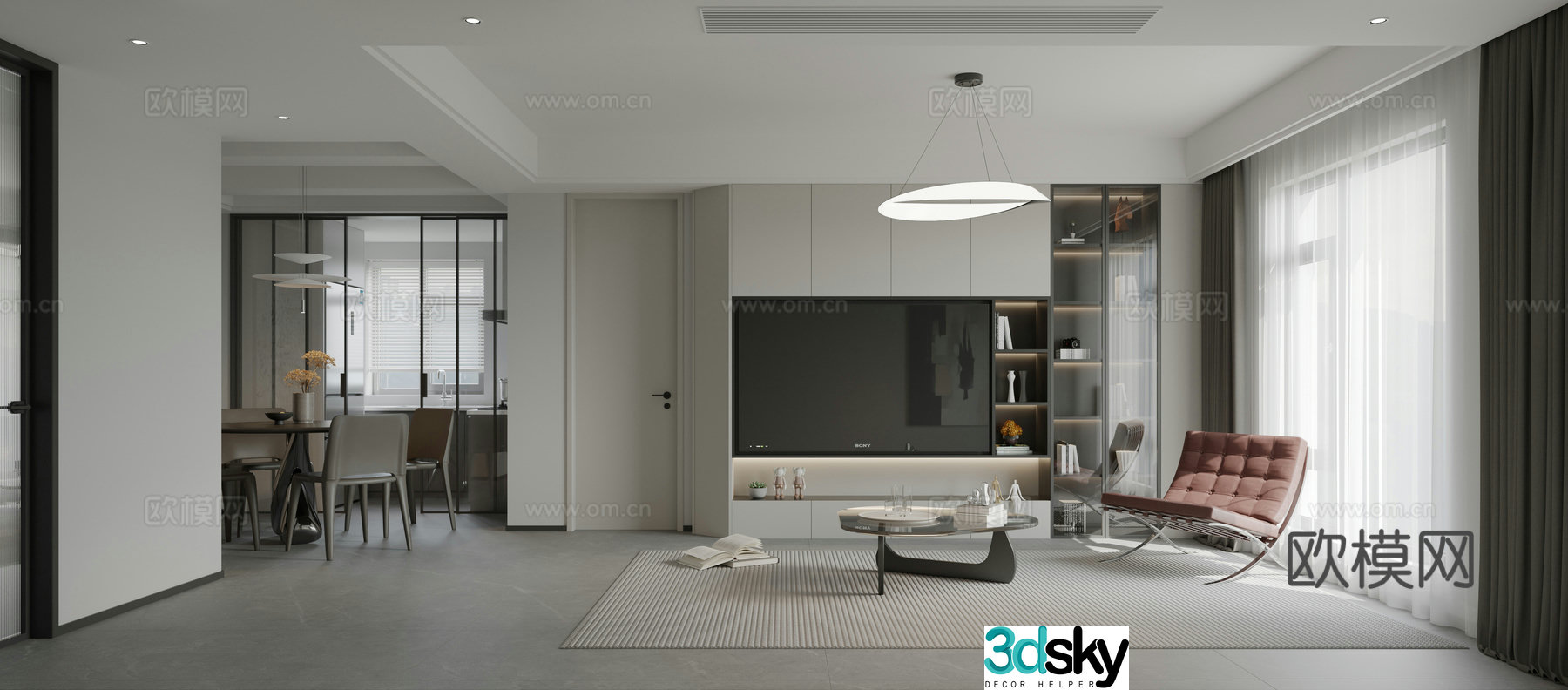 Modern living and dining room 3d model