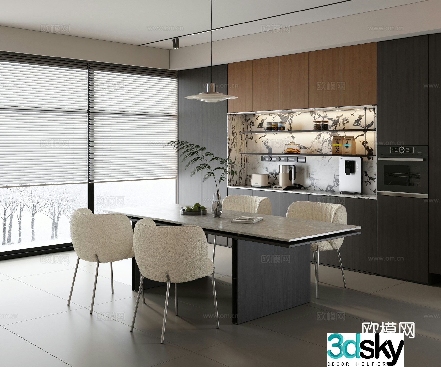 Modern minimalist restaurant Open restaurant Modern minimalist restaurant Strip dining table and chair 3D model