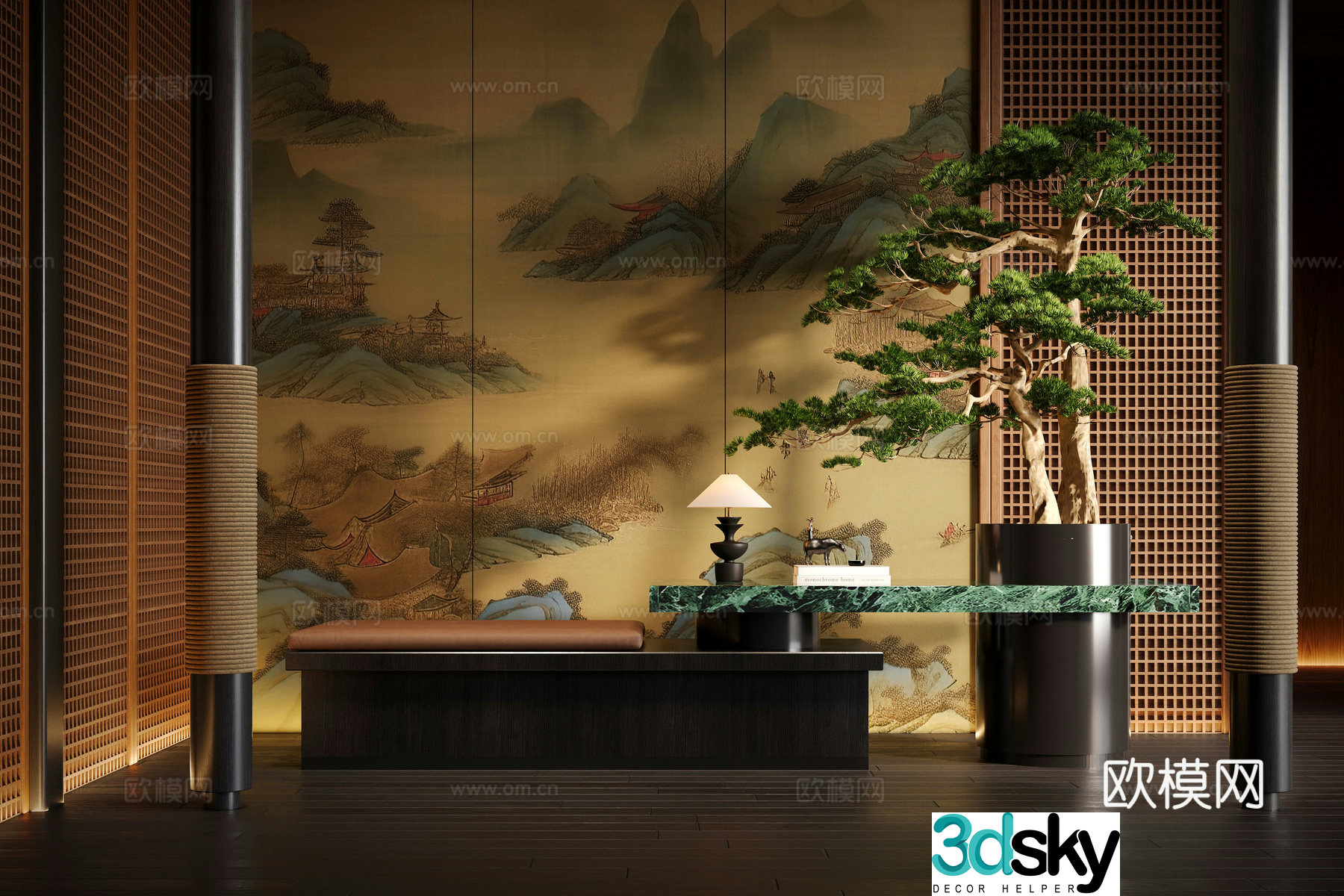 New Chinese-style hall Plant installation Welcome pine Rest stool 3D model
