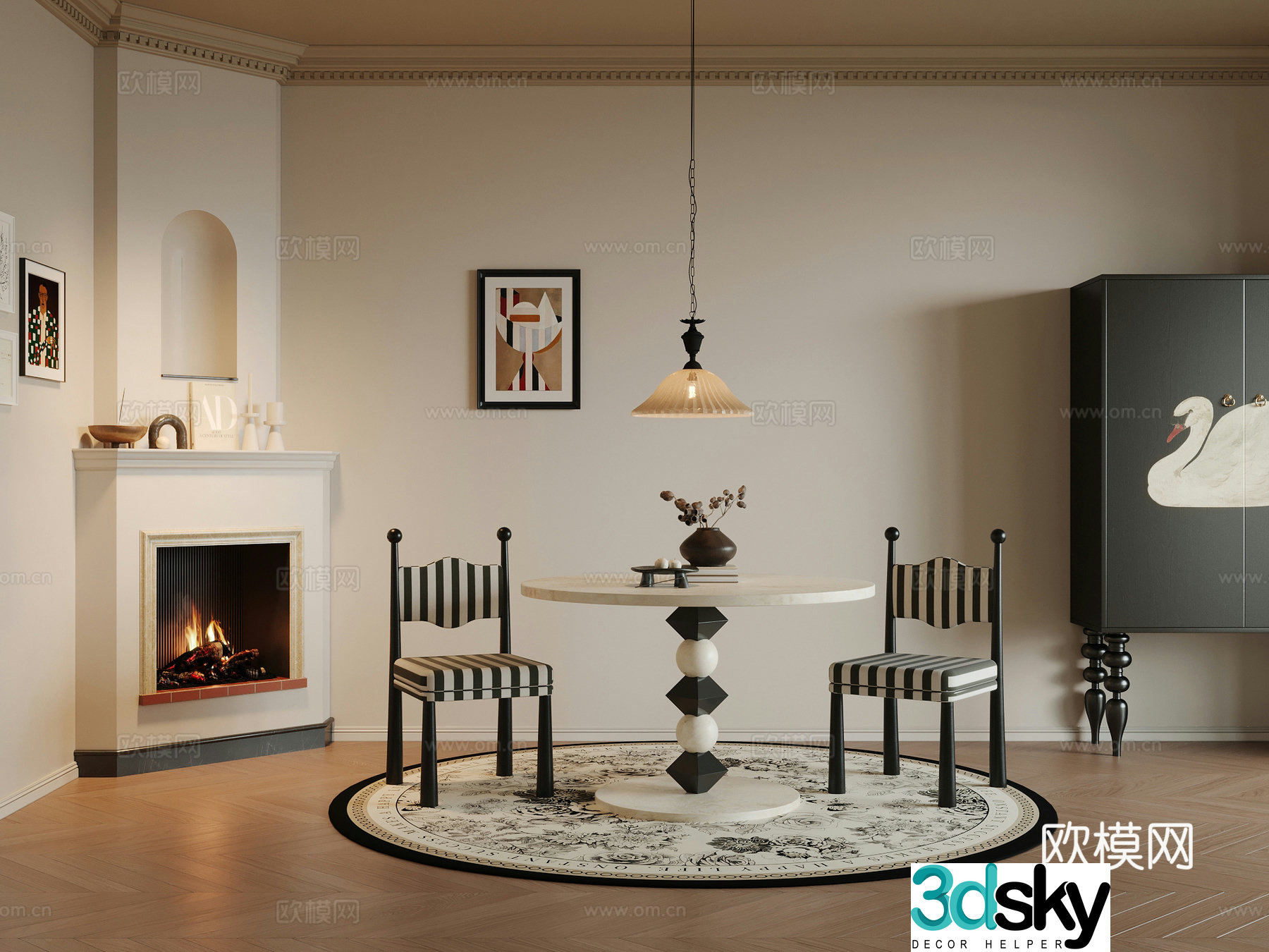 French retro style restaurant dining table and chair combination 3D model