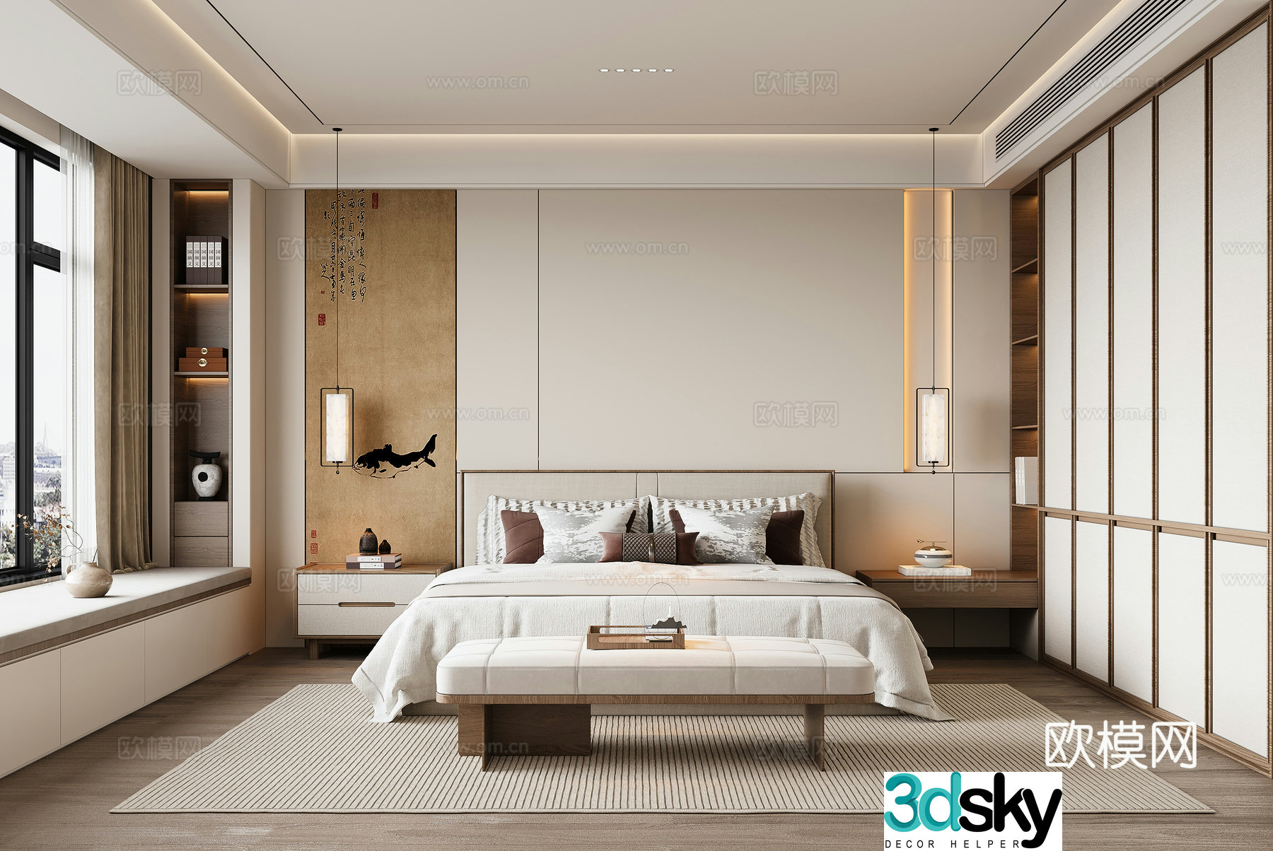 New Chinese Song style bedroom double bed wardrobe bed chandeliers 3d model