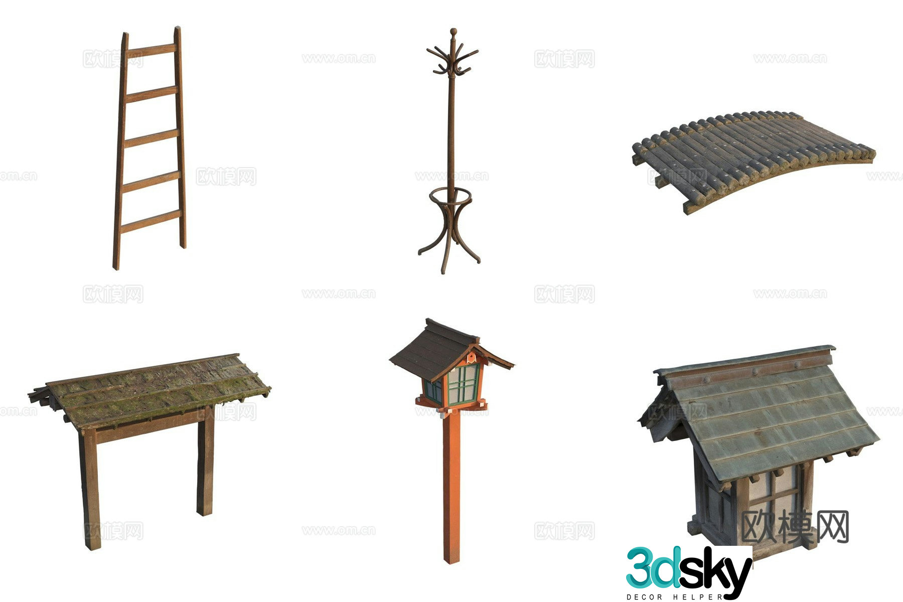 Retro ancient roof wooden ladder coat rack wooden bridge 3d model