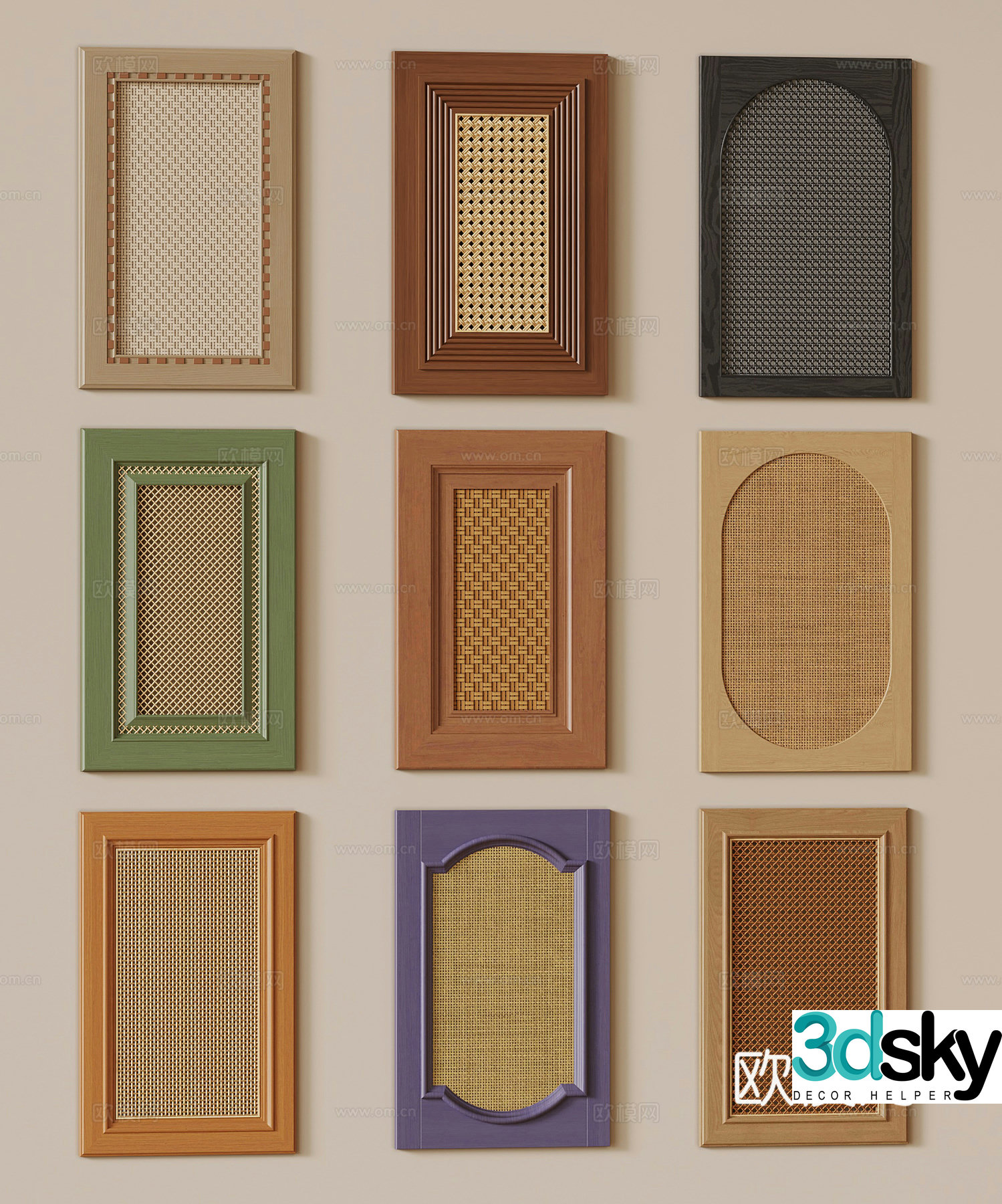 Medium-old rattan door panel French retro door panel cabinet door 3D model