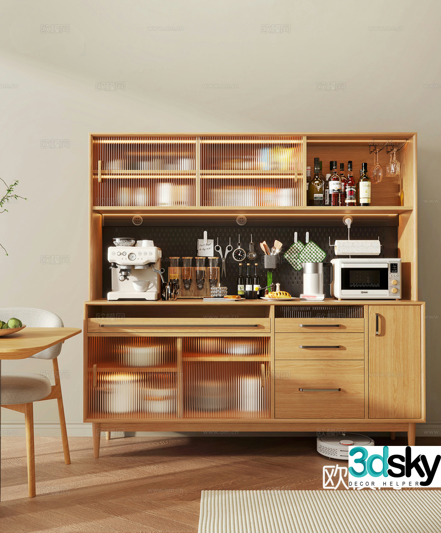 Modern log sideboard tea cabinet dining cabinet tableware ornaments coffee maker wine bottle wine glass hole 3d model