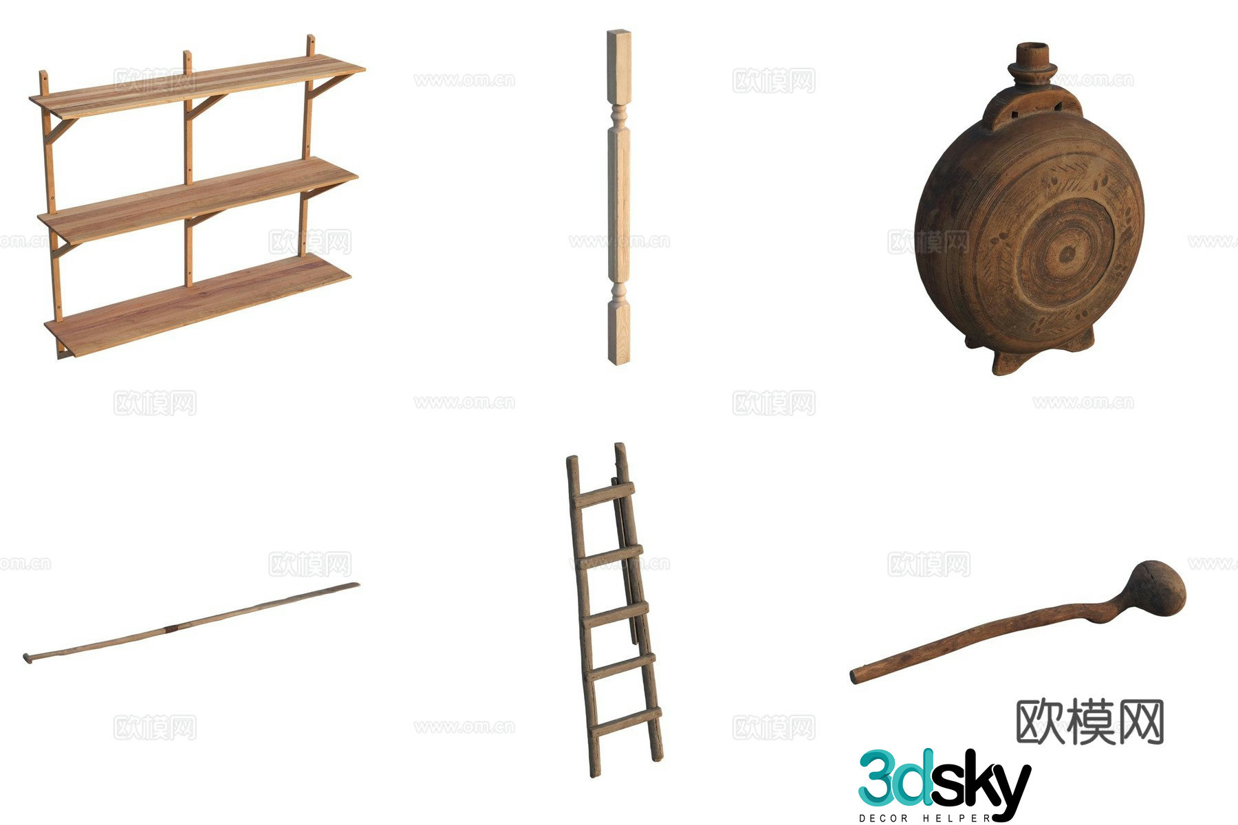 Wood stick crutch wooden ladder storage rack wood carving 3d model