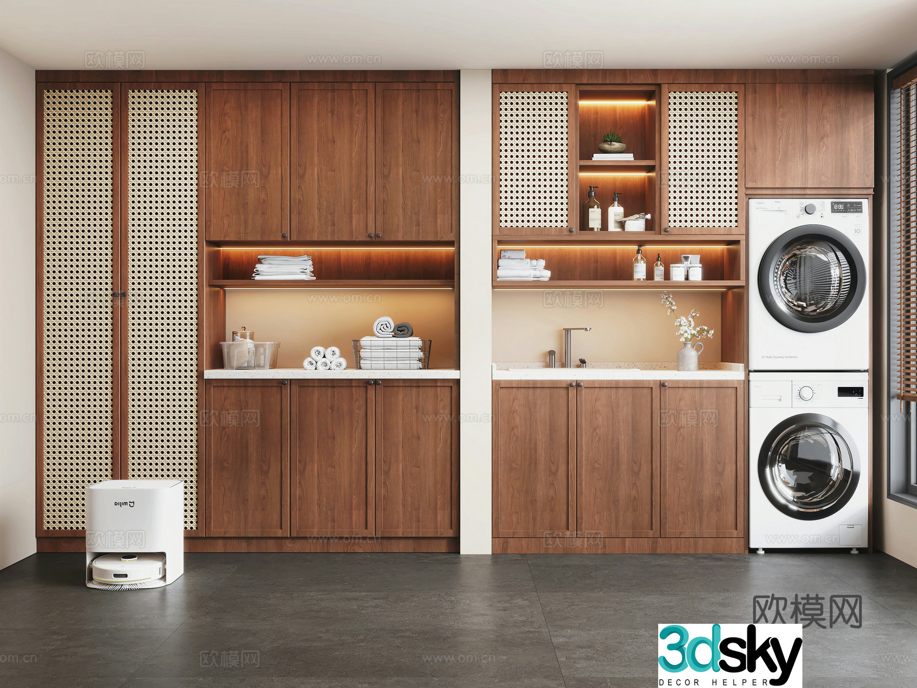 Modern medieval style washing cabinet washing machine dryer sweeping robot detergent supplies 3D model