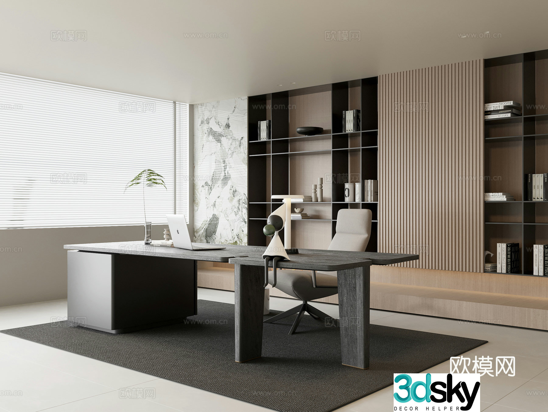 Modern study solid wood desk fabric leisure chair solid wood bookcase solid wood background decorative cabinet flat 3d model