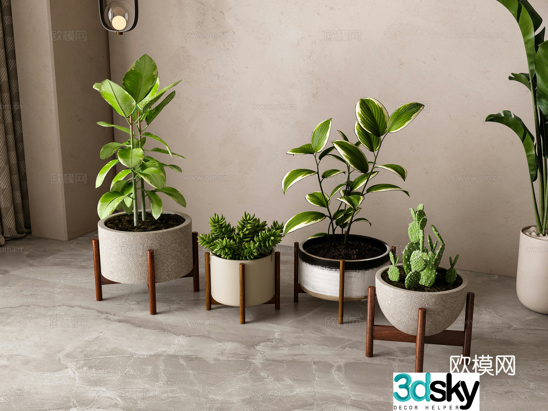 Modern green plant potted plant combination 3D model