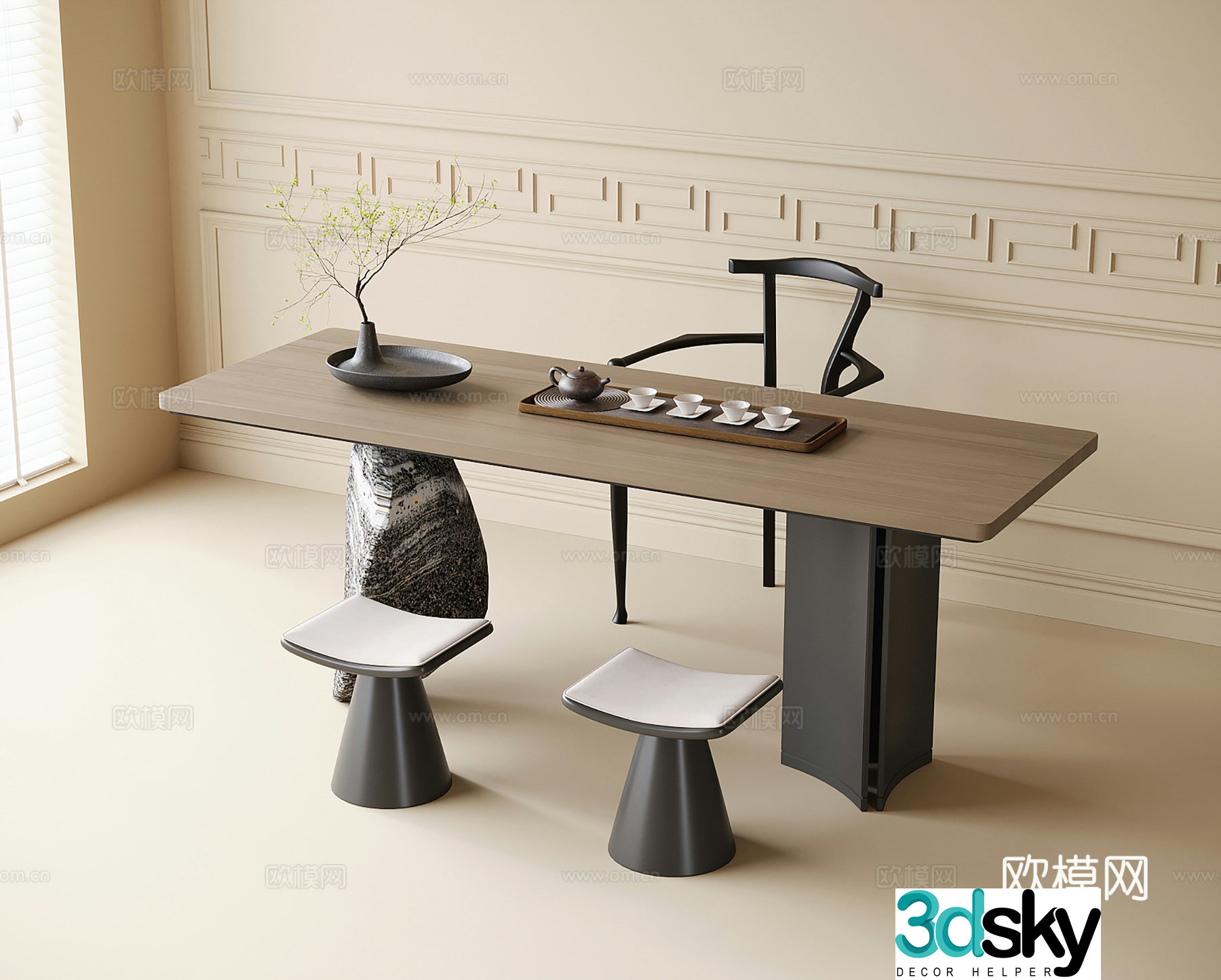 Modern tea table and chair combination tea set stool 3d model