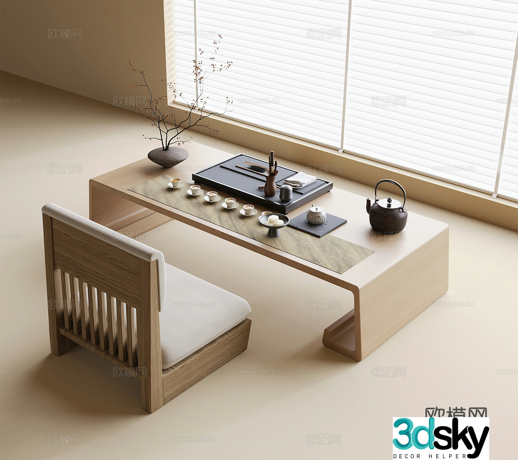 Modern balcony tea table and chairs small tea table tea set ornaments 3D model