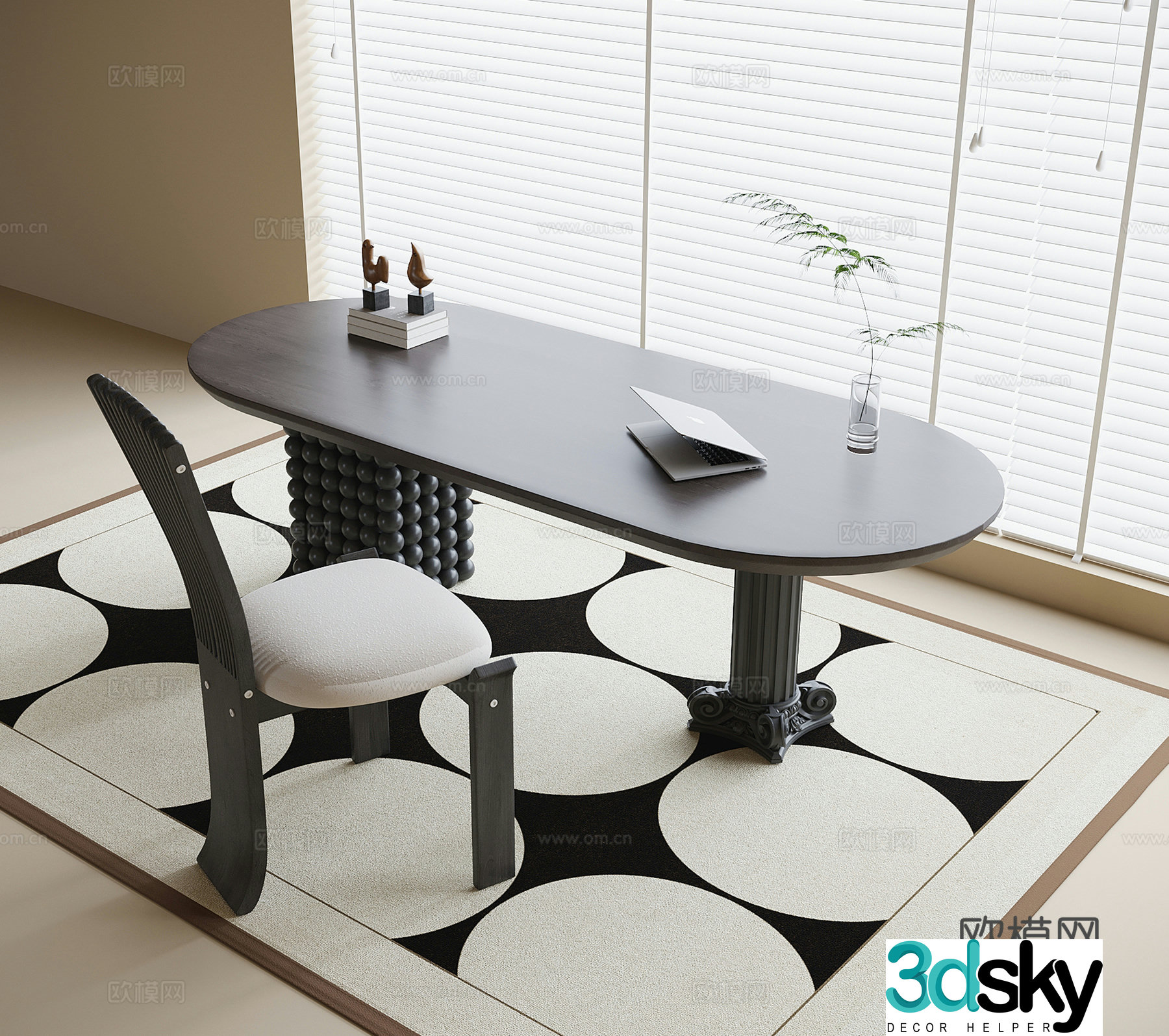 French desk and chair combination desk carpet book chair 3d model