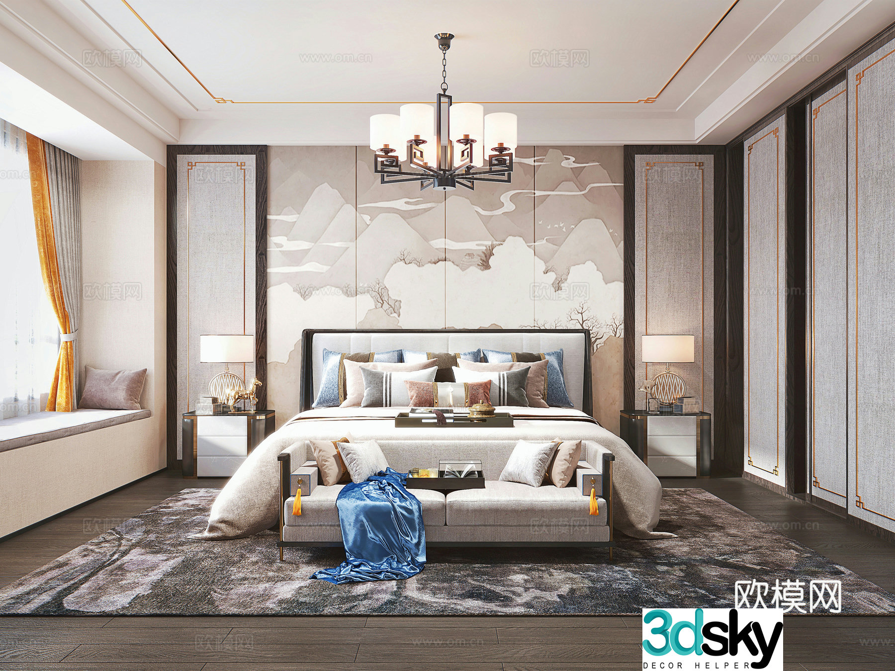 New Chinese style master bedroom New Chinese style double bed New Chinese style wardrobe Chinese style bedroom chandeliers New Chinese style bed 3D model