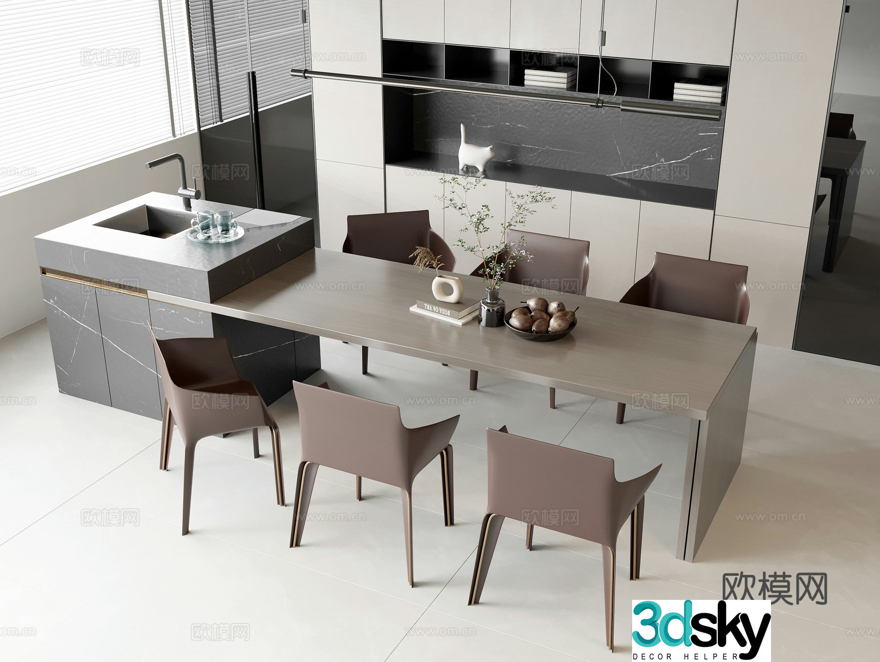 Solid wood Zhongdao dining table Zhongdao water bar leather dining chair Solid wood sideboard Glass door wine cabinet 3D model