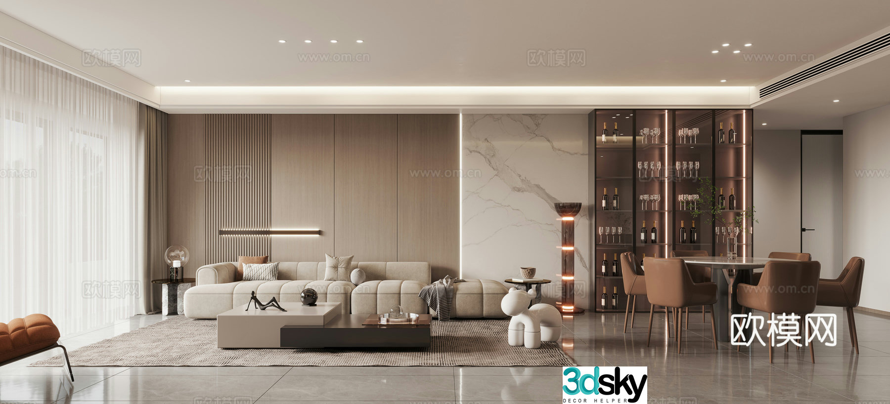 Modern living and dining room 3d model