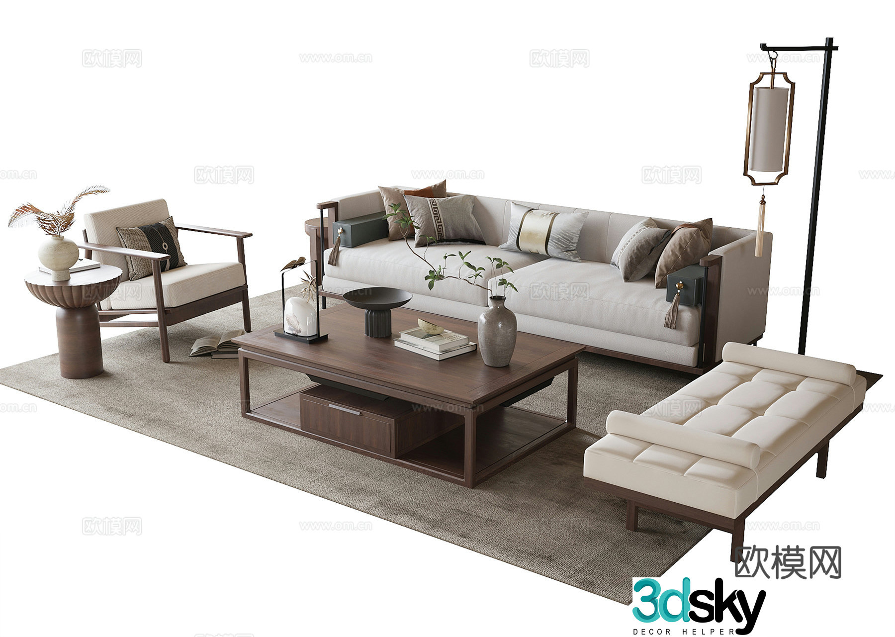 New Chinese sofa coffee table combination coffee table bench leisure chair floor lamp 3d model