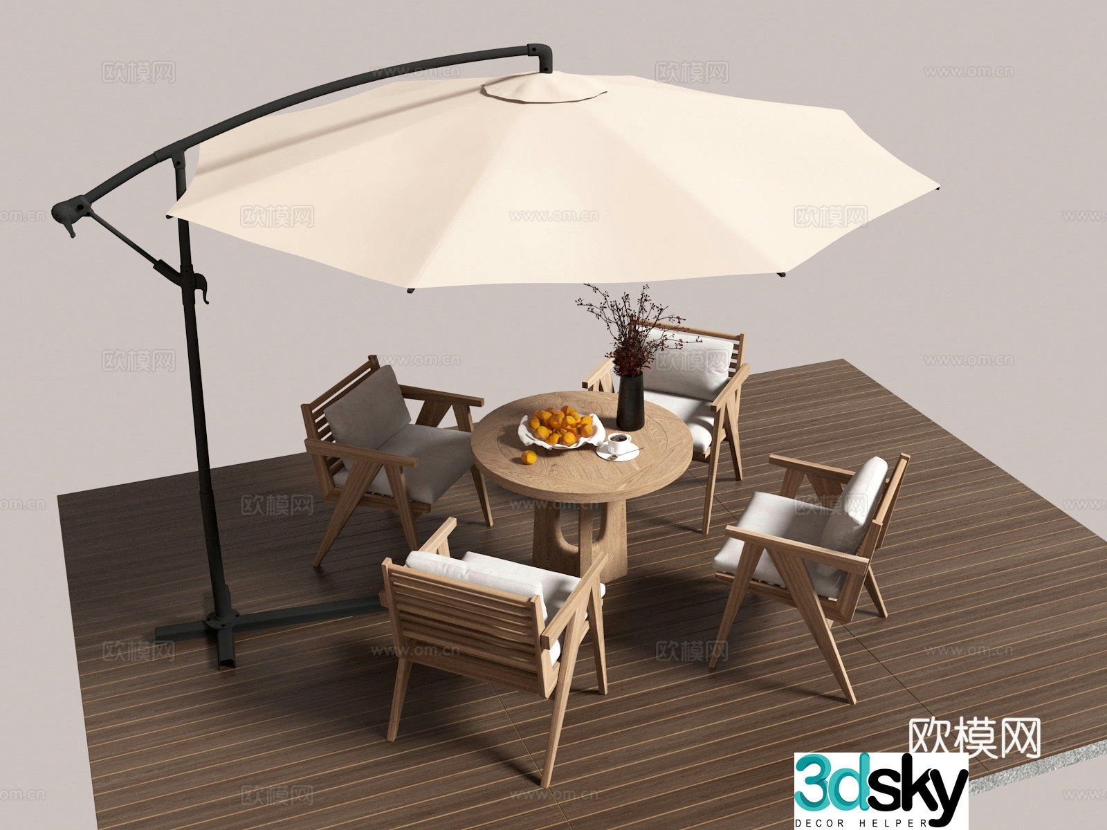 Outdoor leisure table chair parasol wooden floor 3d model