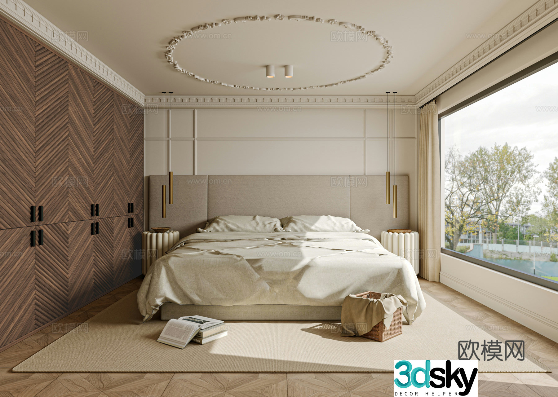 French bedroom bed nightstand accessories curtains carpet 3d model