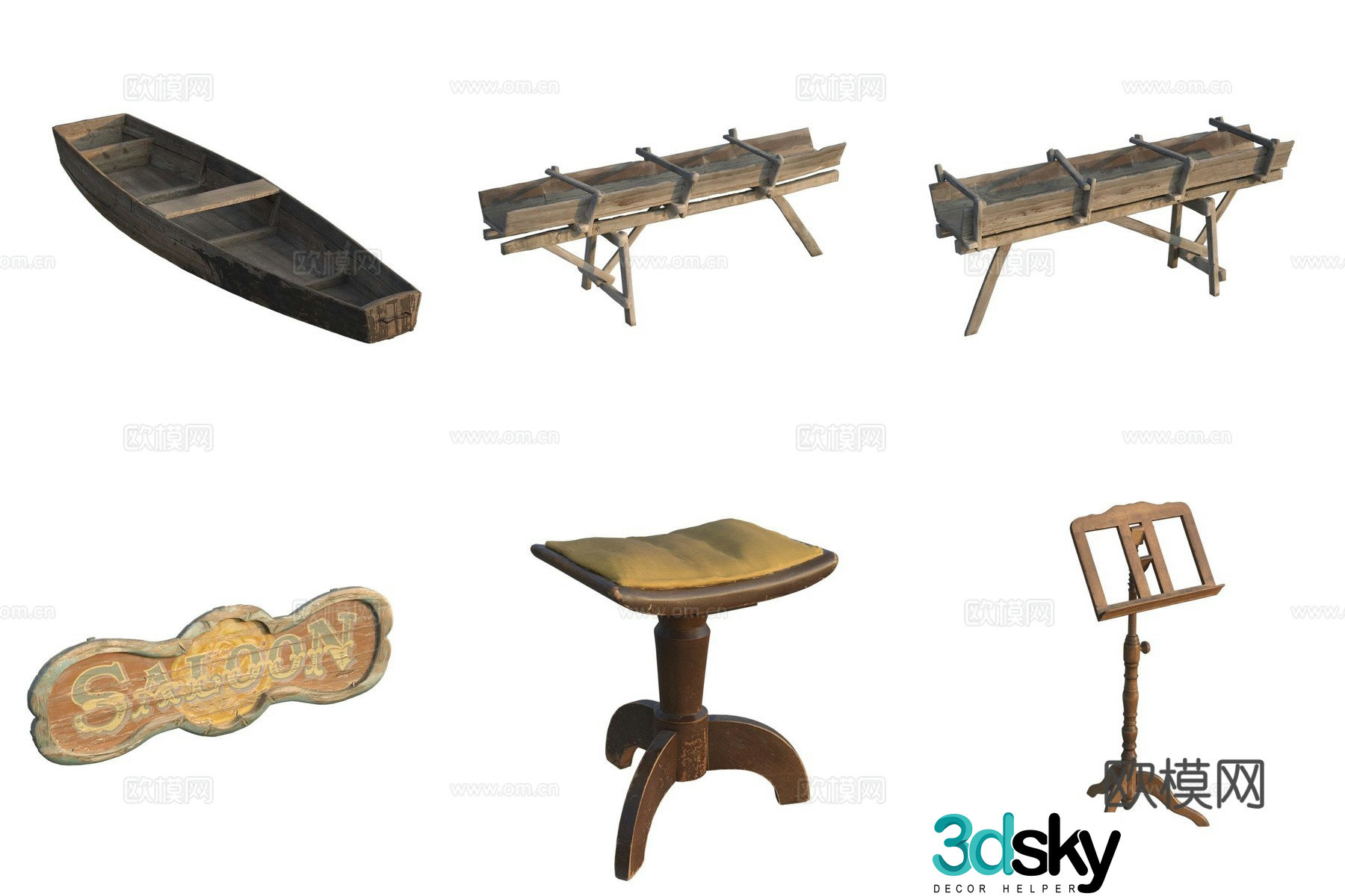 Wooden boat wooden bench piano score stand wood sign 3d model