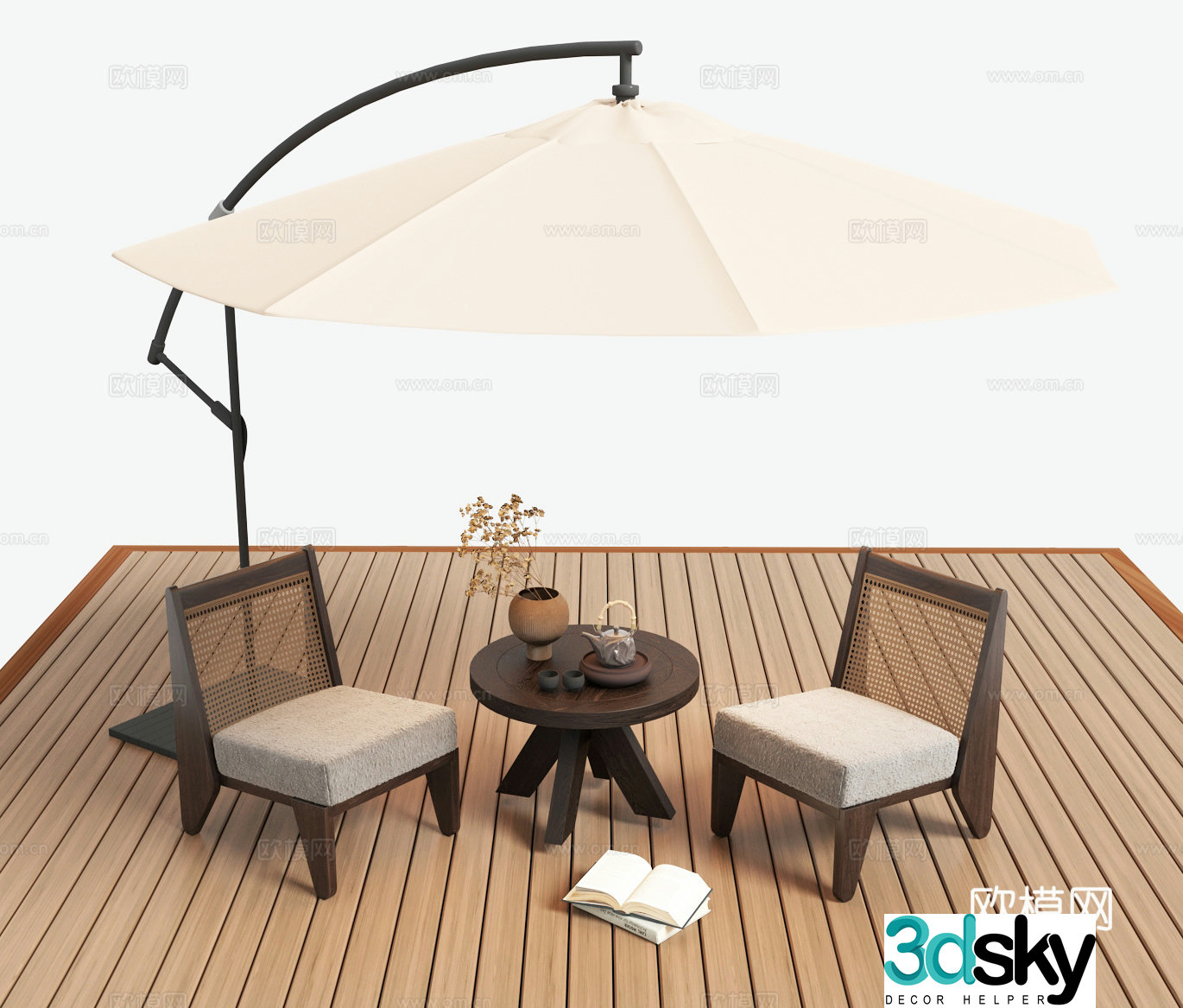 Outdoor rattan leisure chair side several parasols 3D model