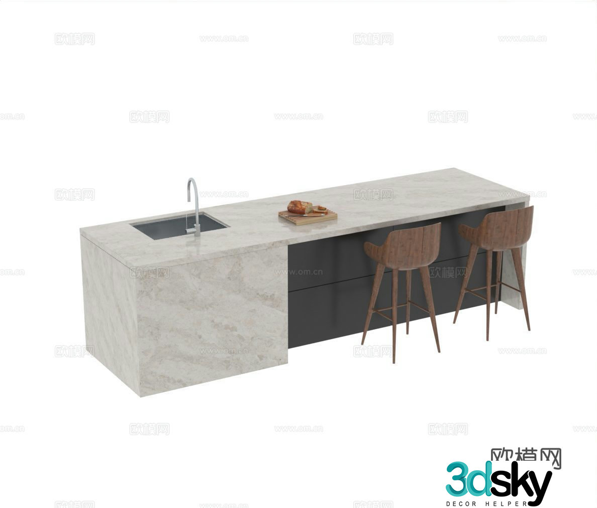 Modern water bar middle island marble island log bar chair marble bar 3D model