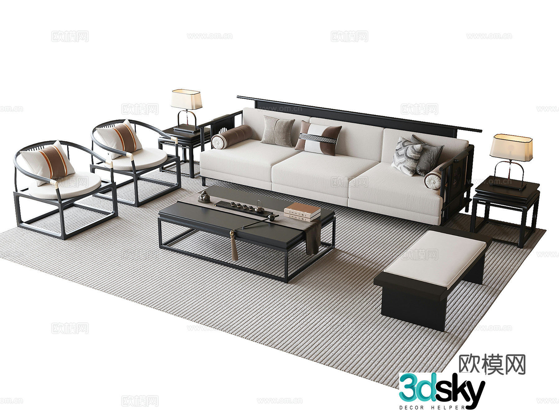 New Chinese sofa coffee table combination coffee table three-person sofa 3D model